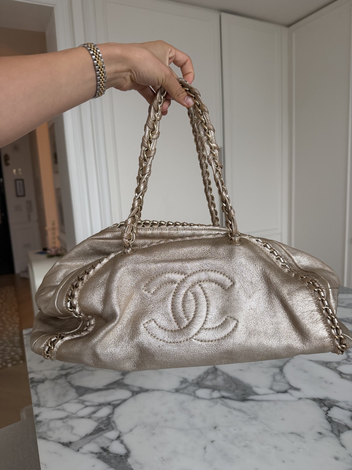 Champagne Gold Chanel Luxury Line Vintage Luxe Ligne Bowler