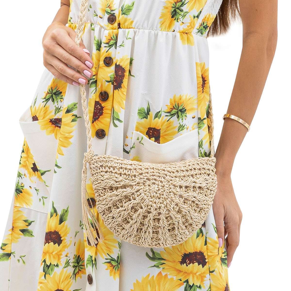 Women Woven Crossbody Straw Bag Round Rattan Shoulder Summer Beach Semicircle US