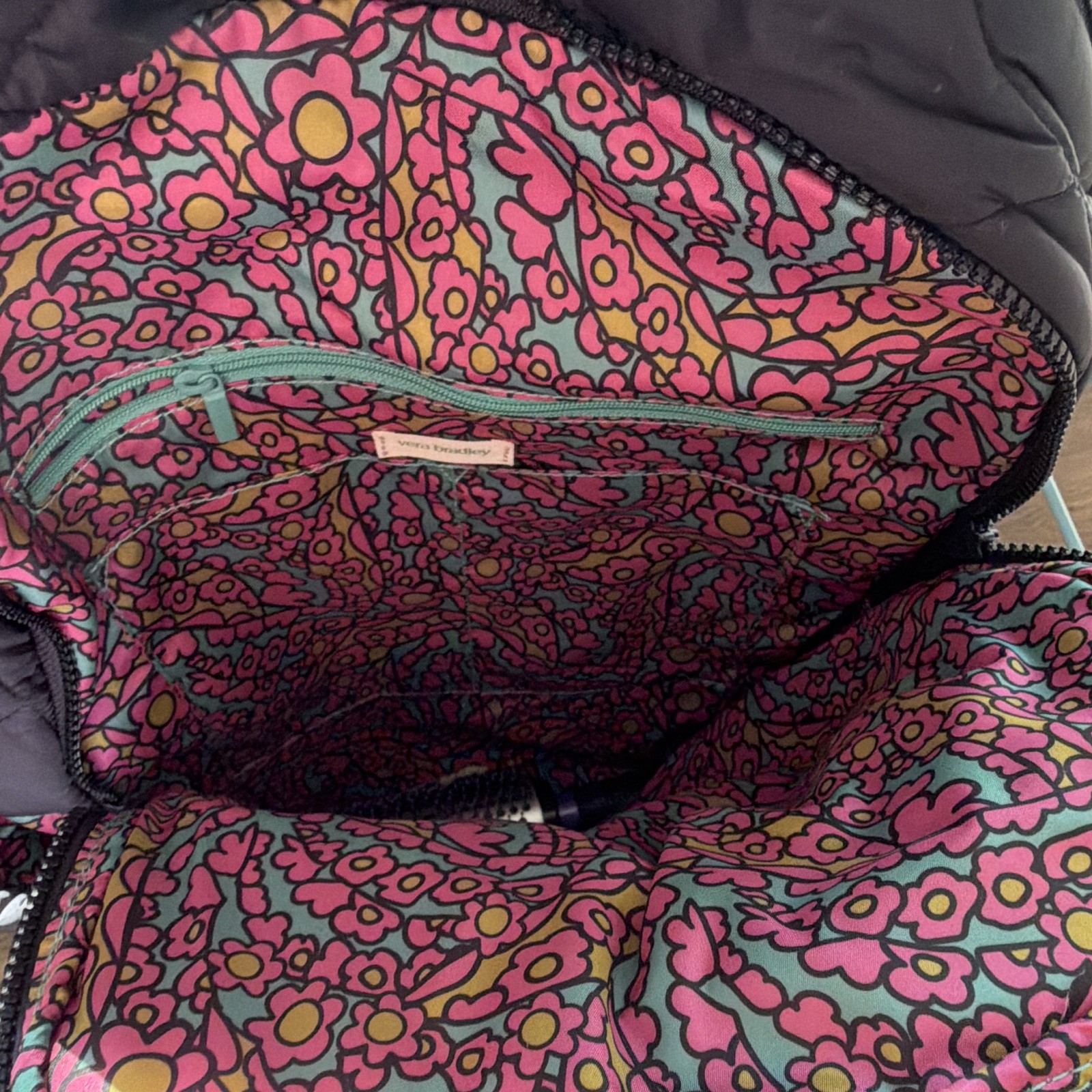 Vera Bradley Women’s Black Backpack Bag, Zip Closure, Floral Lined, Pockets