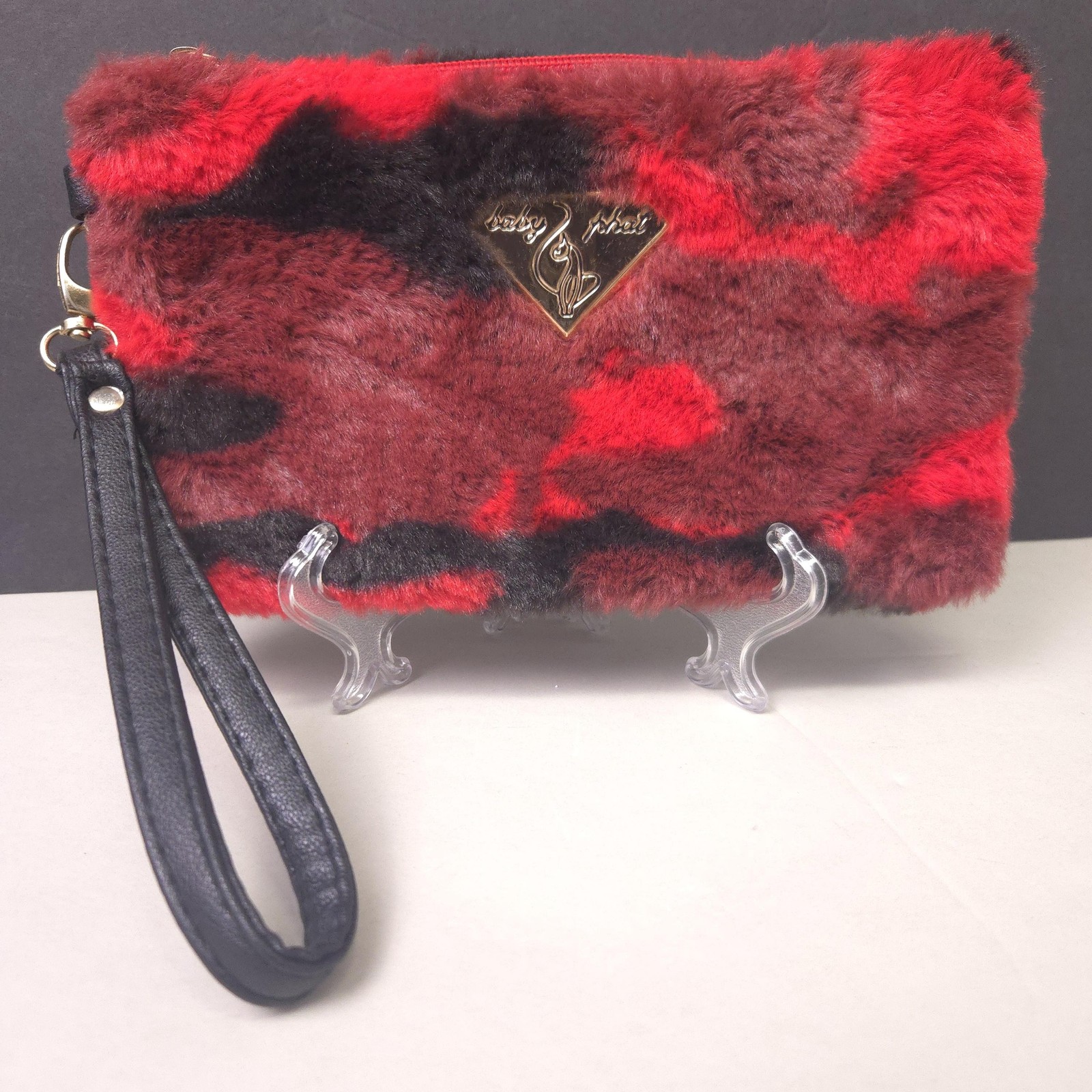 Baby Phat Faux Fur Animal Print Clutch Bag Womens Small Red Black Wristlet Y2K
