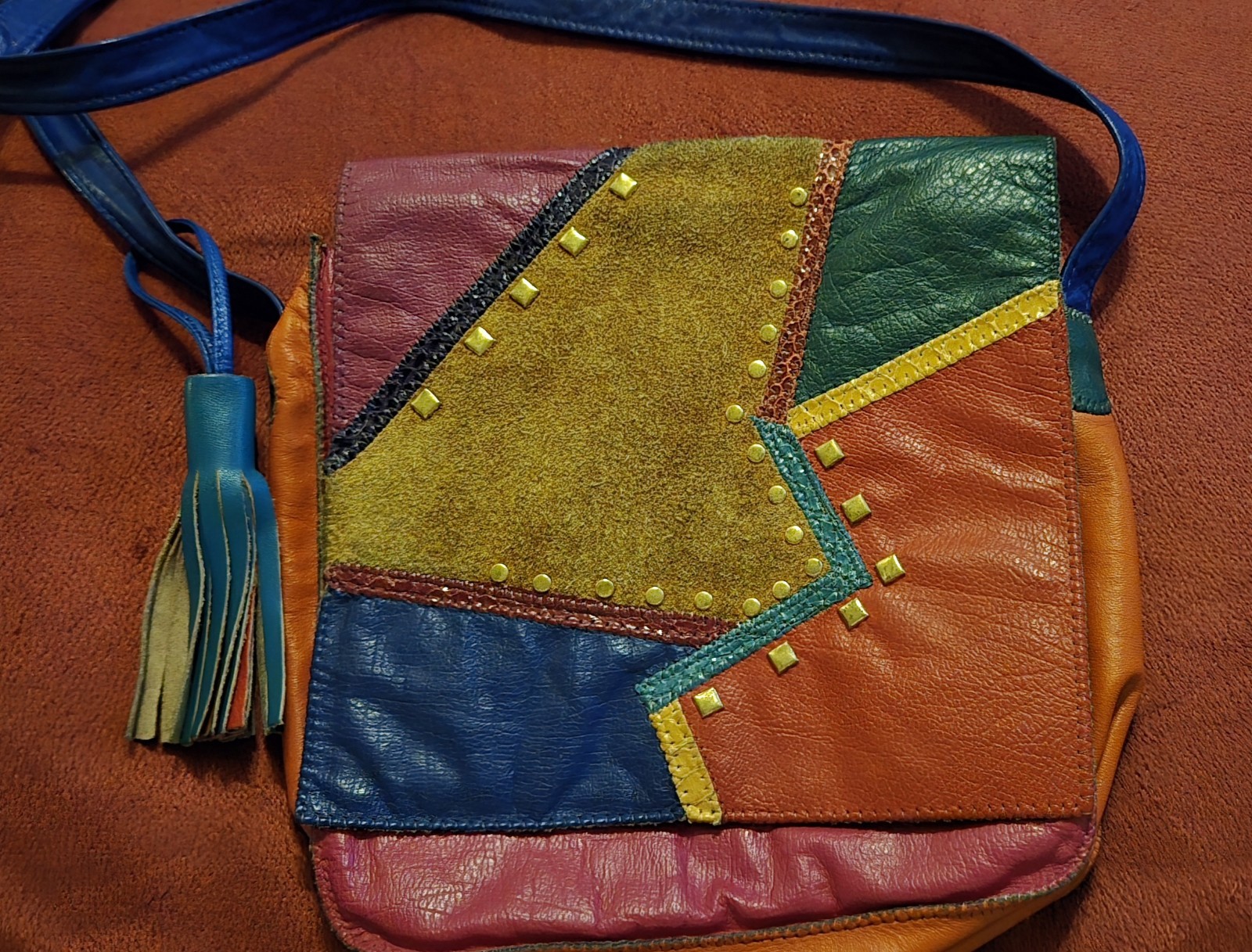 Vintage 80sLeather Pinky Colorblock Tassle Handbag Crossbody Studded