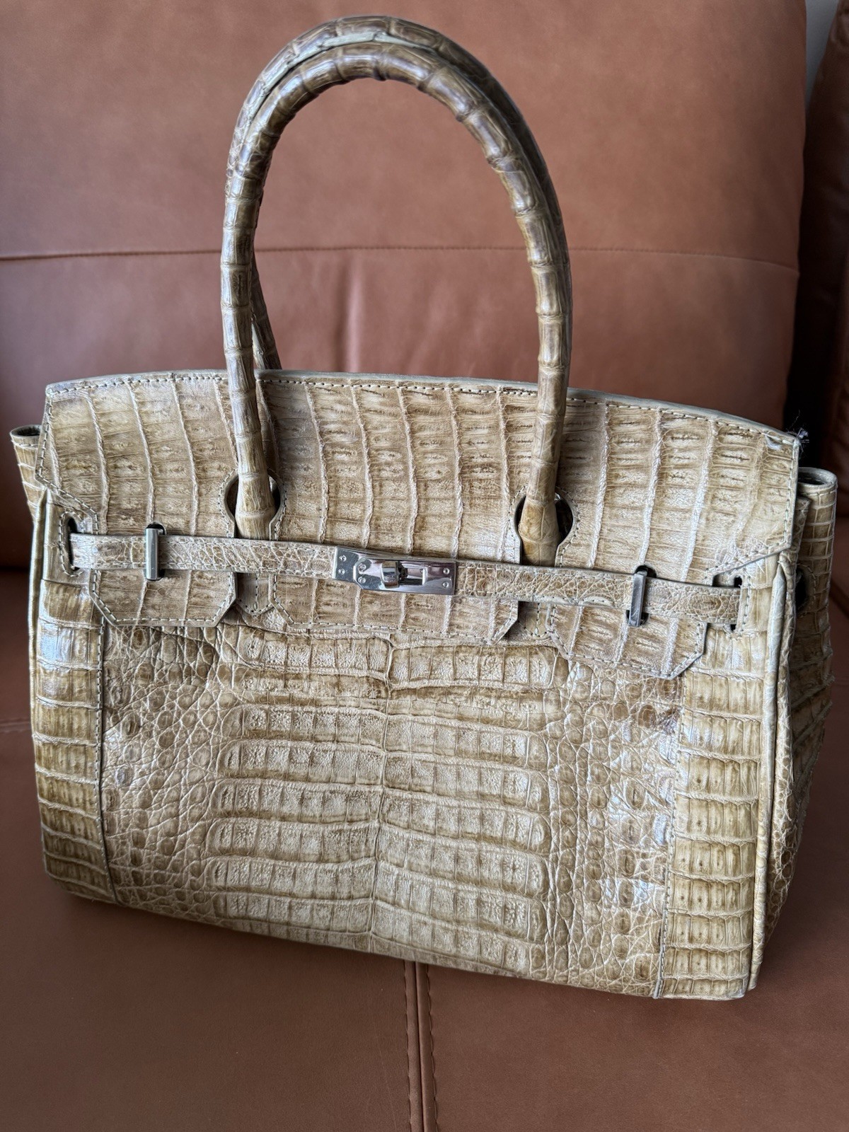 Jas M.B. Crocodile Pattern Beige Satchel Top Handle Bag with Buckle Accent