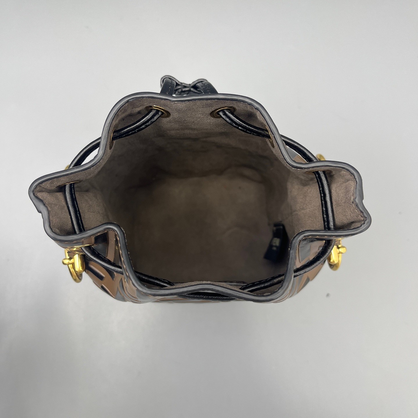 FENDI Mon Tresor Bucket Crossbody Bag FF Mini Black Brown Embossed Leather Gold