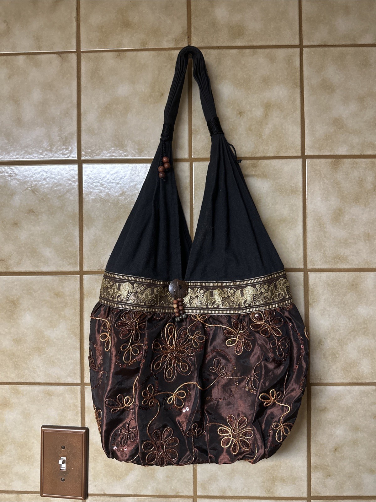 Bohemian Elephant Print Floral Sequined Boho Handbag Tote Purse, Multicolor