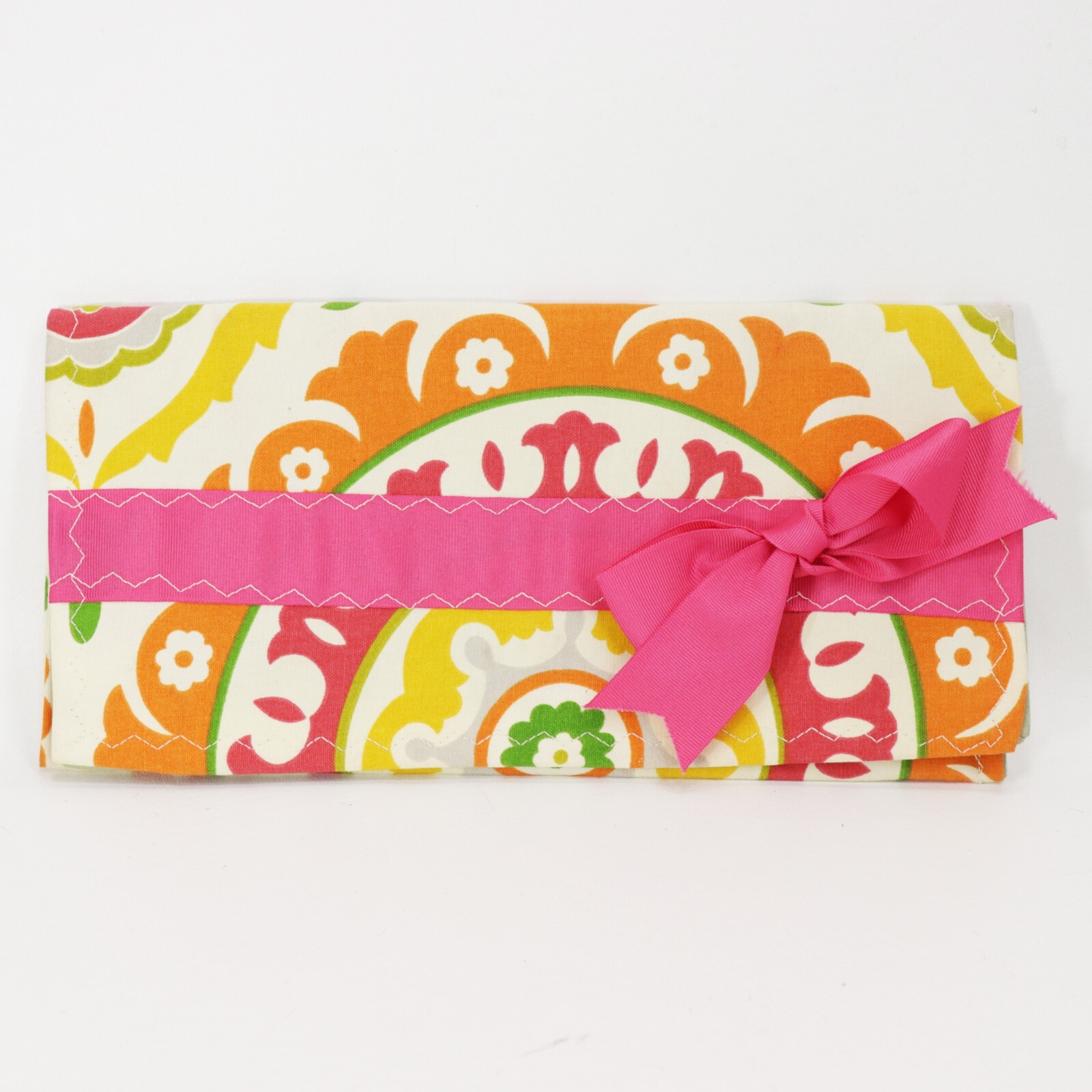 Nikki Brown Clutch Handbag Pink Orange Canvas Mod Medallion Envelope Purse Bag