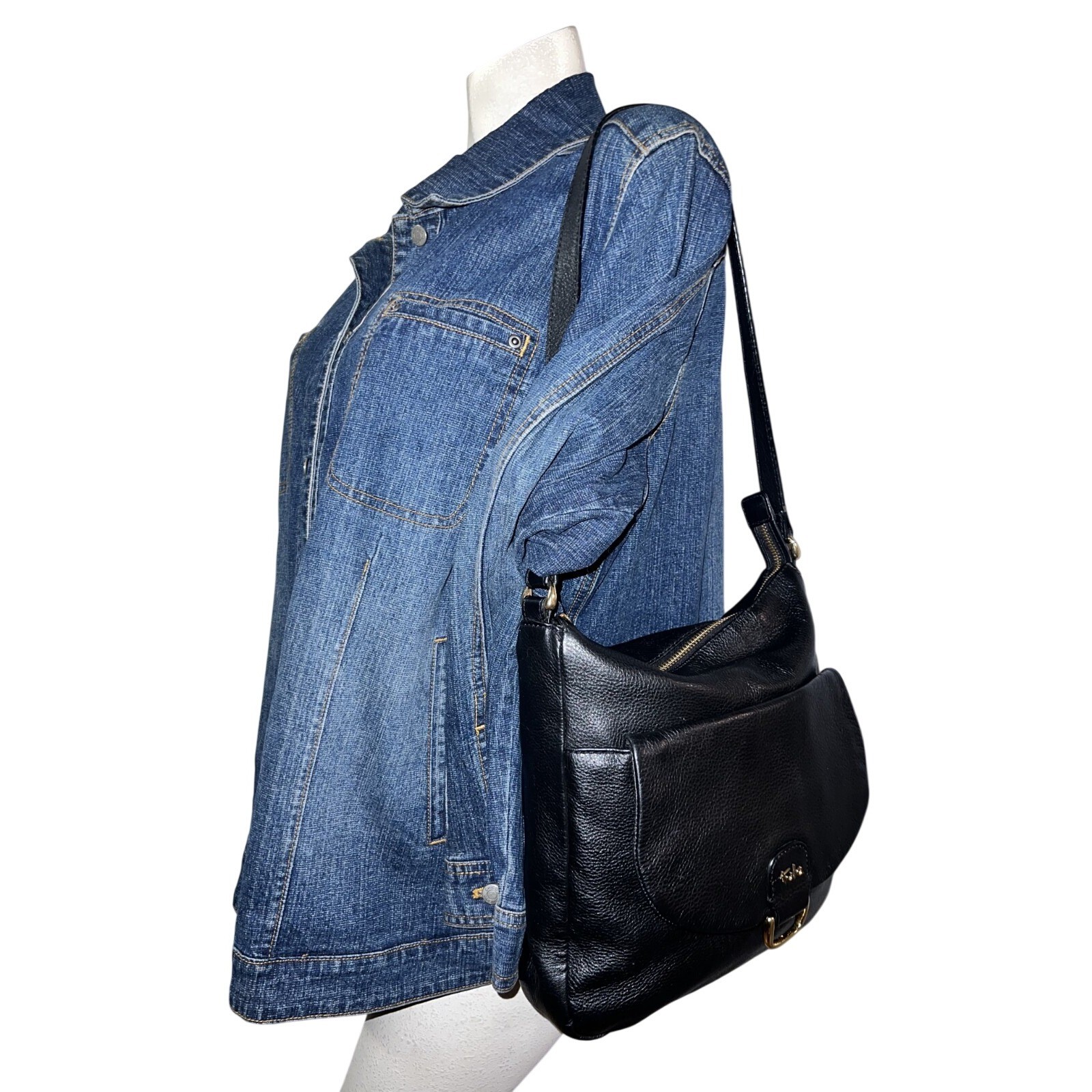 Tula Black Pebbled Leather Shoulder Bag Gold Hardware Adjustable Strap Pocket