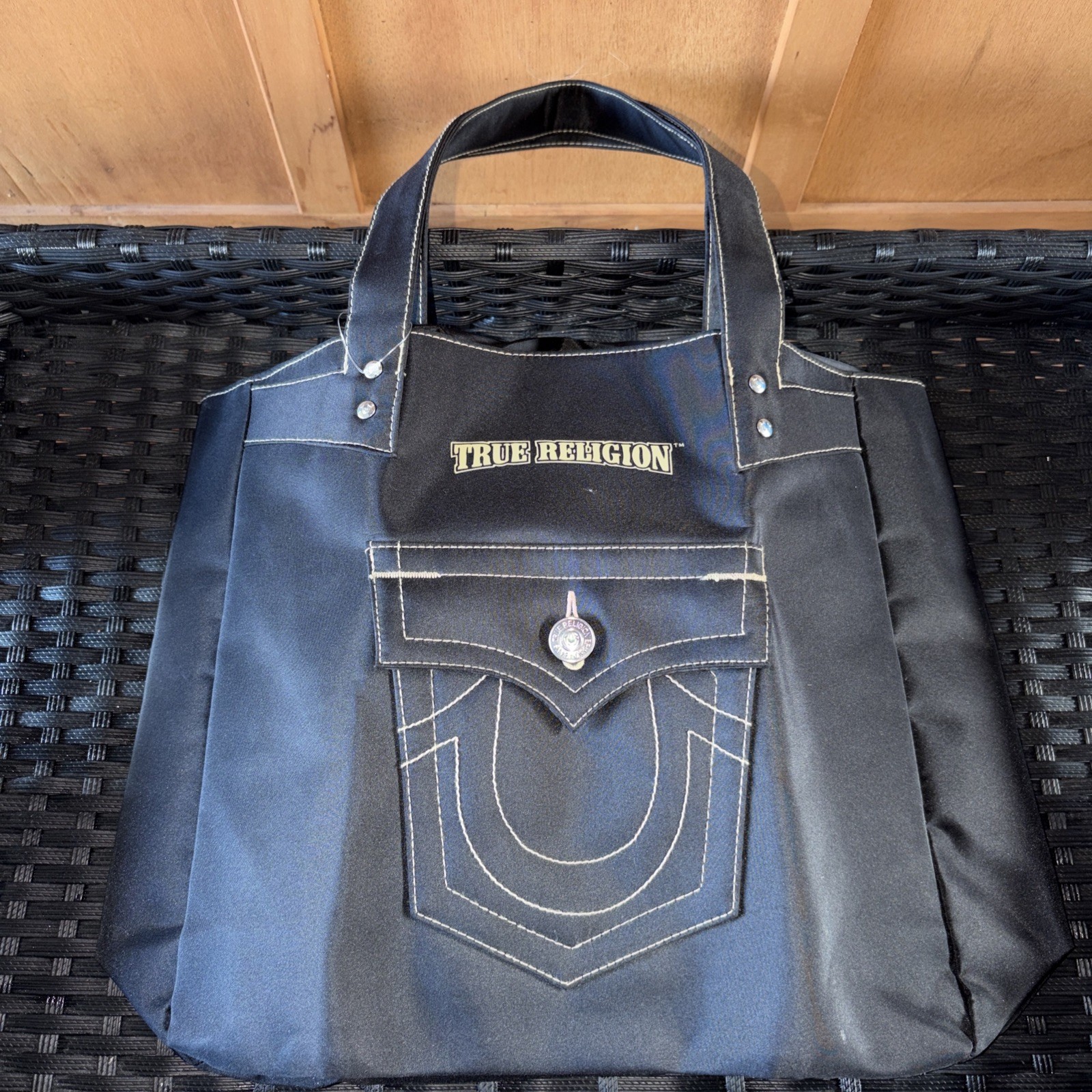 True Religion Black Nylon White Stitched Shopper Tote Handbag Bag Horseshoe NWOT