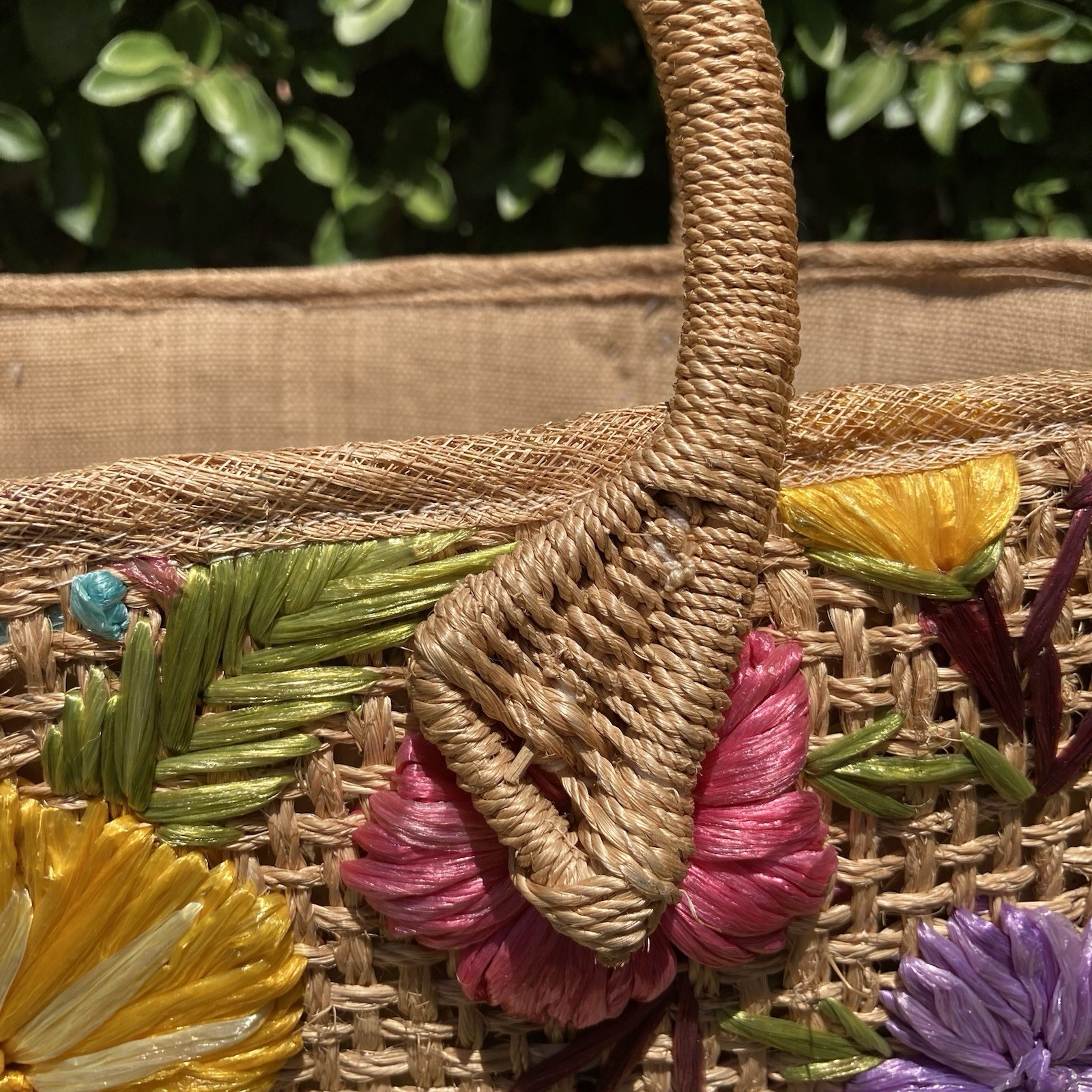 Woven Straw Raffia Floral Embroidered VTG Tote Bag Beach Boho 18″ x 13″