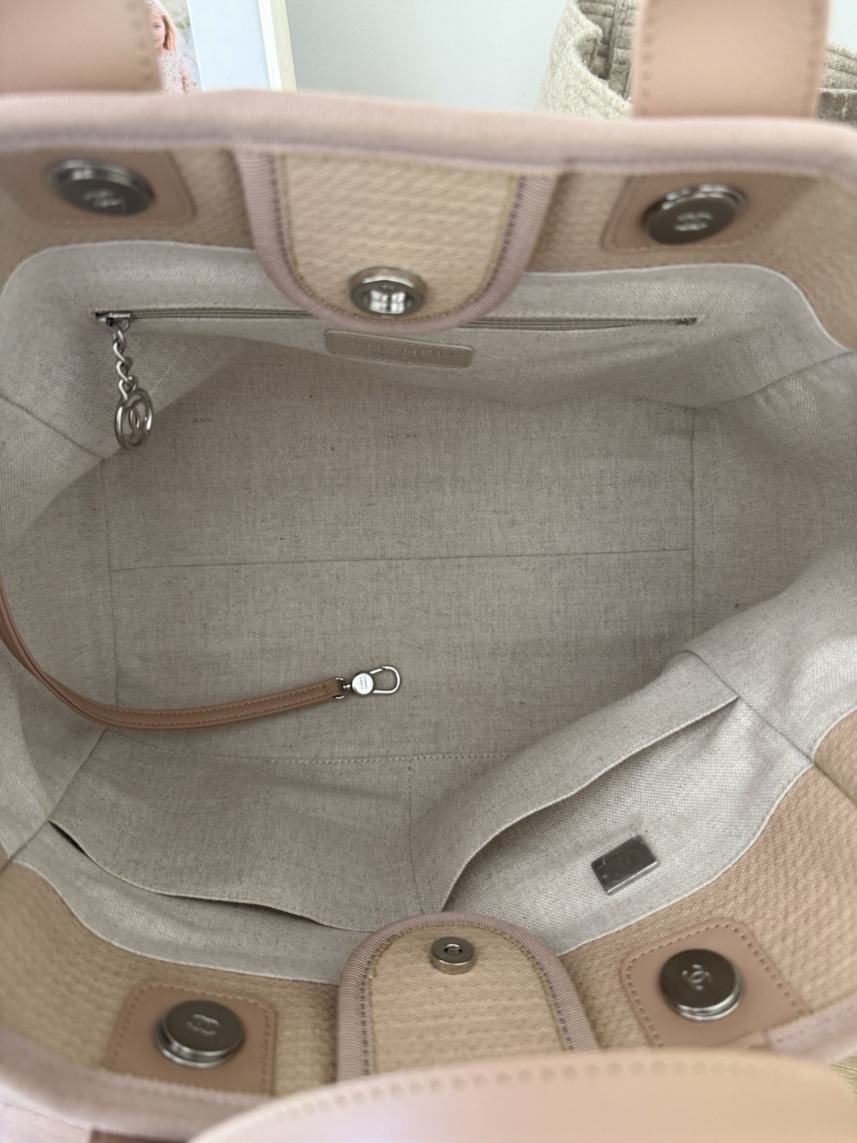 Authentic Chanel Mixed Fibers Medium Deauville Tote Beige