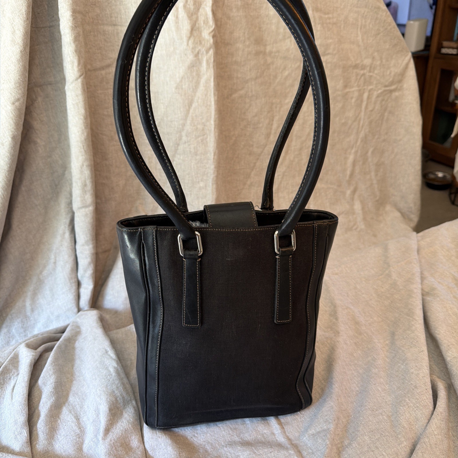Vintage COACH 9429 Bonnie Slim Bucket Tote Bag Black Linen and Leather
