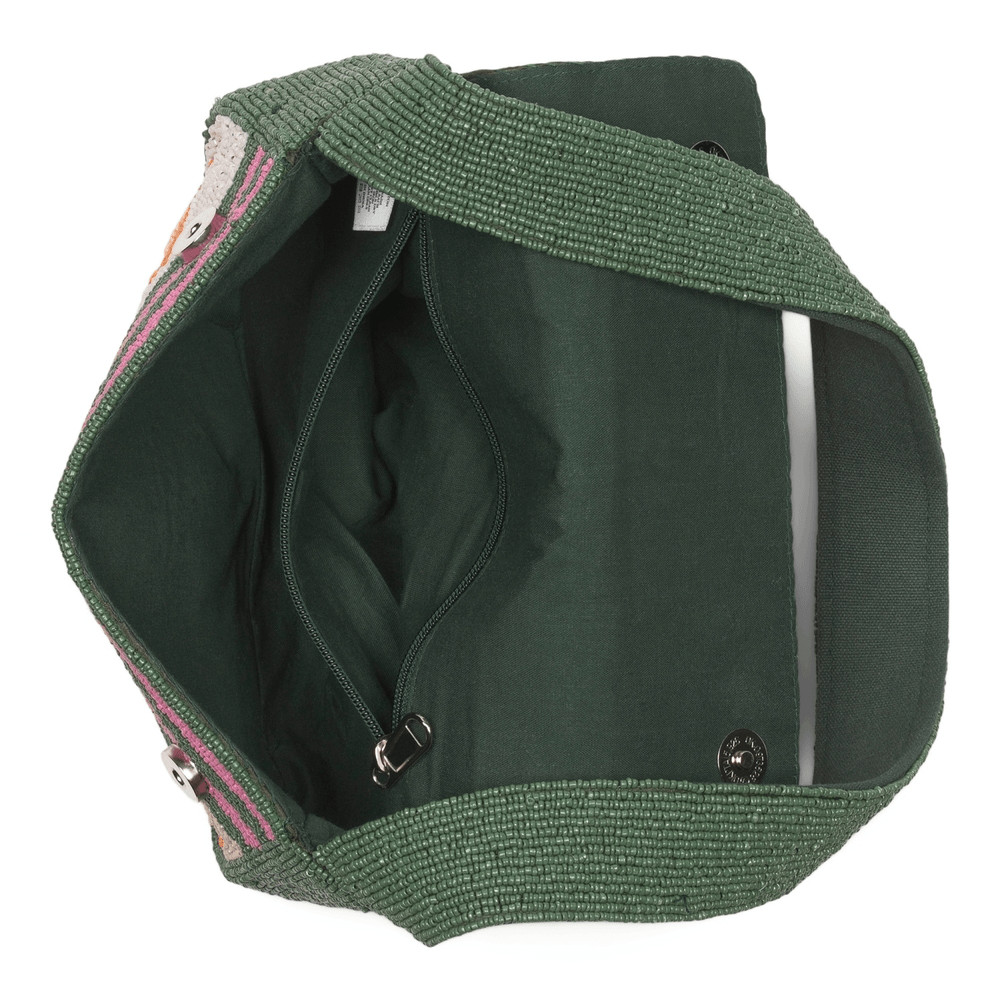 Green Embroidered Mosaic Shoulder Bag with Fruit & Sun Motifs