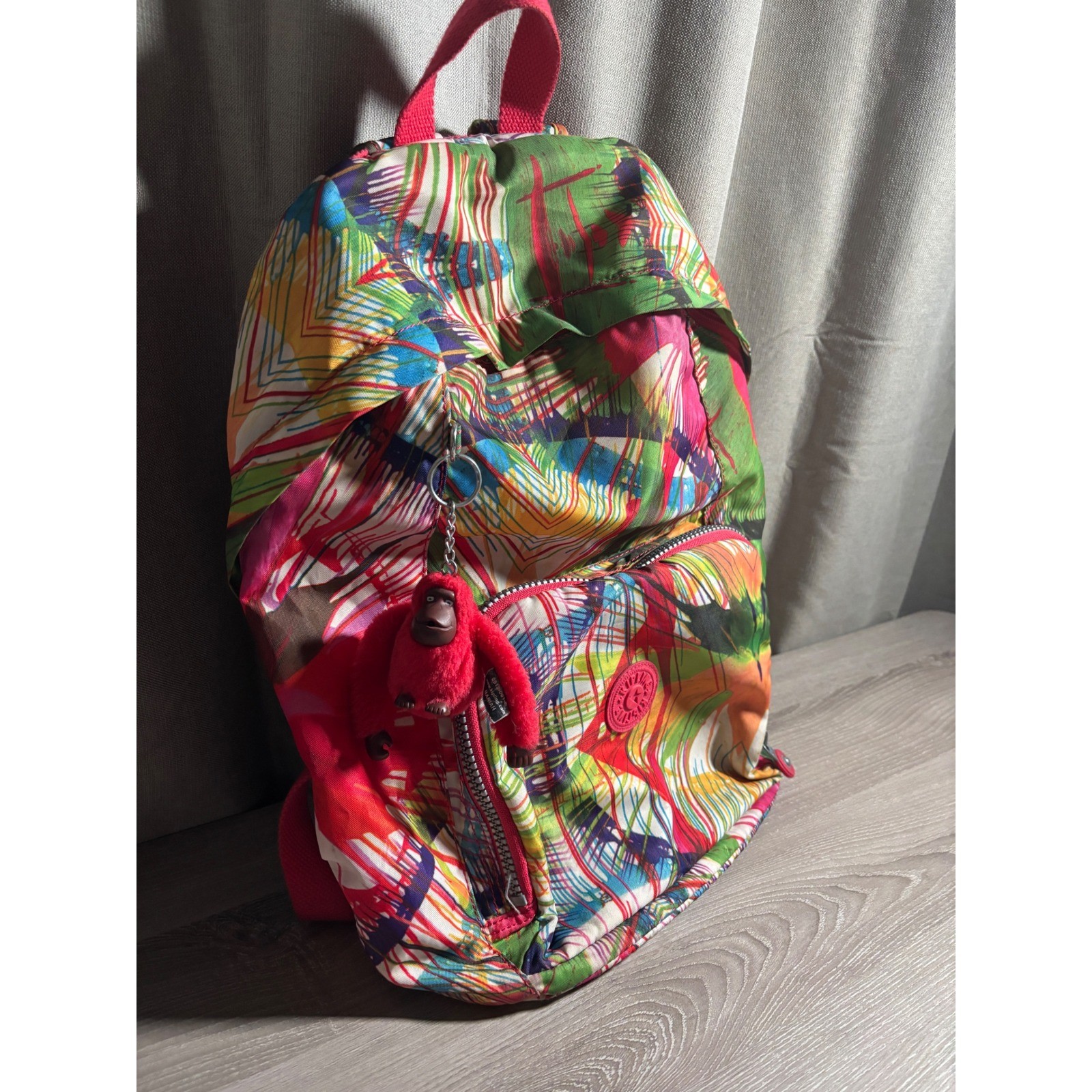 Kipling Backpack Multi-Color Abstract Print Nylon Bag with Mariah Monkey Charm