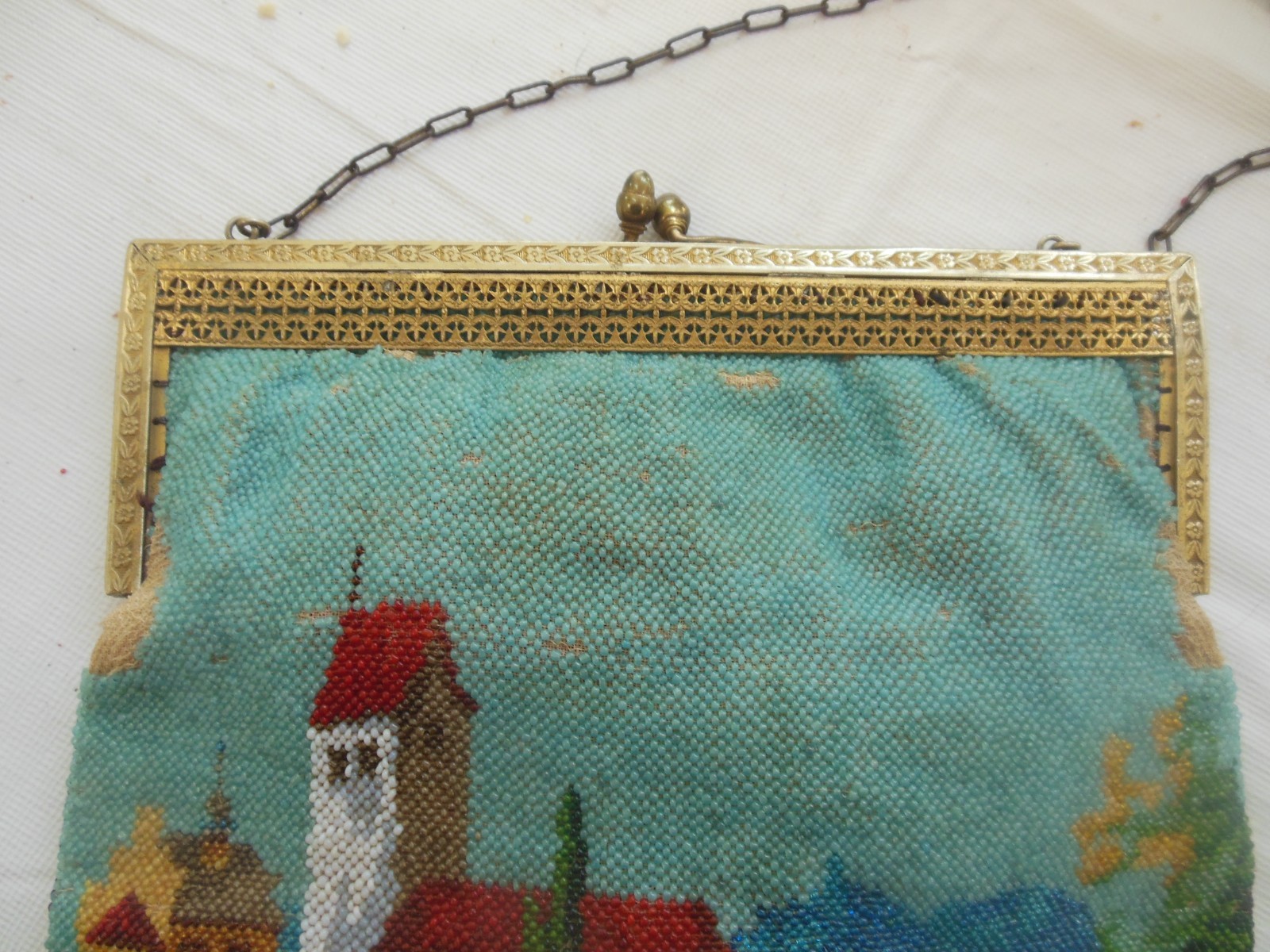 Large Antique Hand-Beaded Purse w European Village on Cliffside River Scene