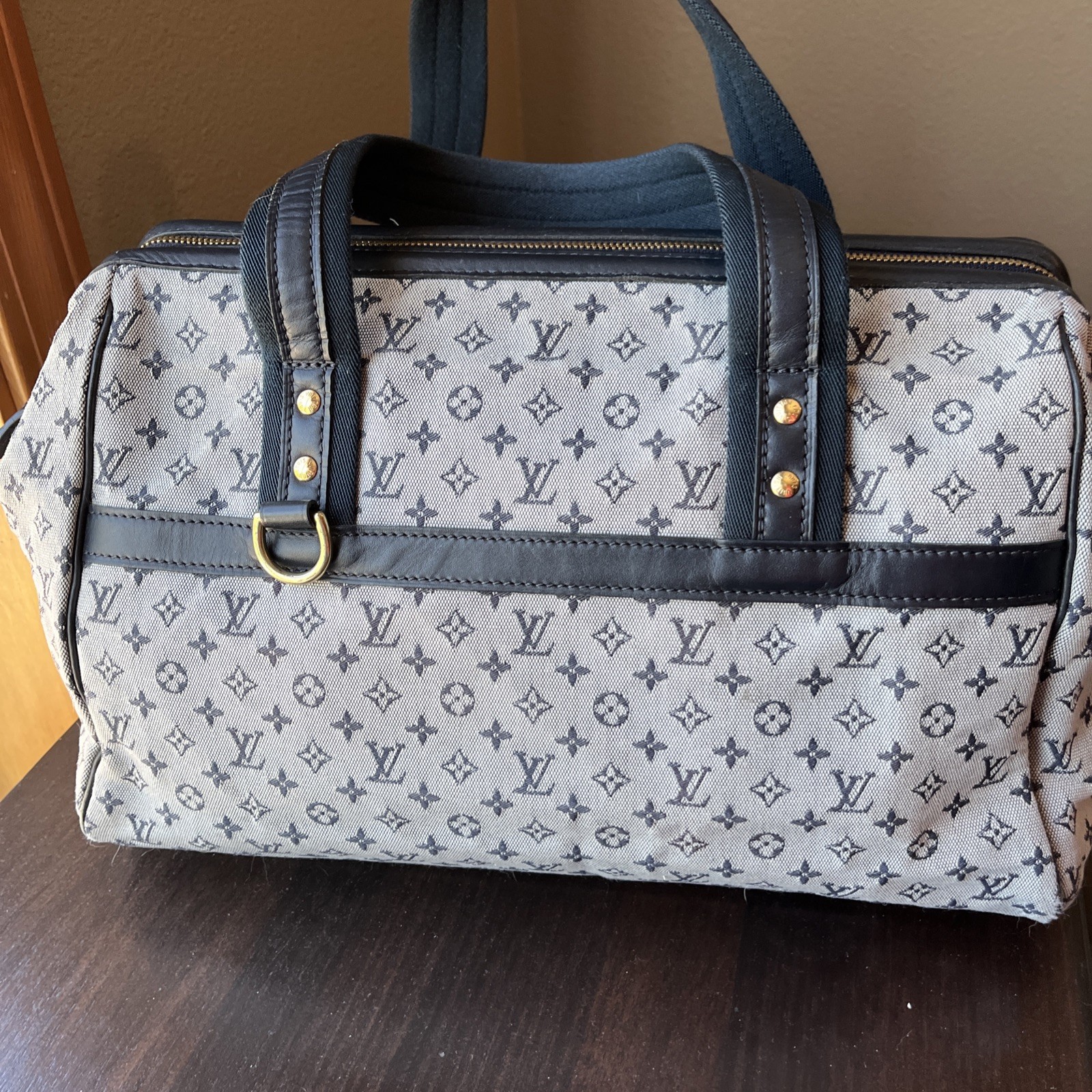 Auth Louis Vuitton Monogram GM Mini Lin Josephine Bag Navy VI0044