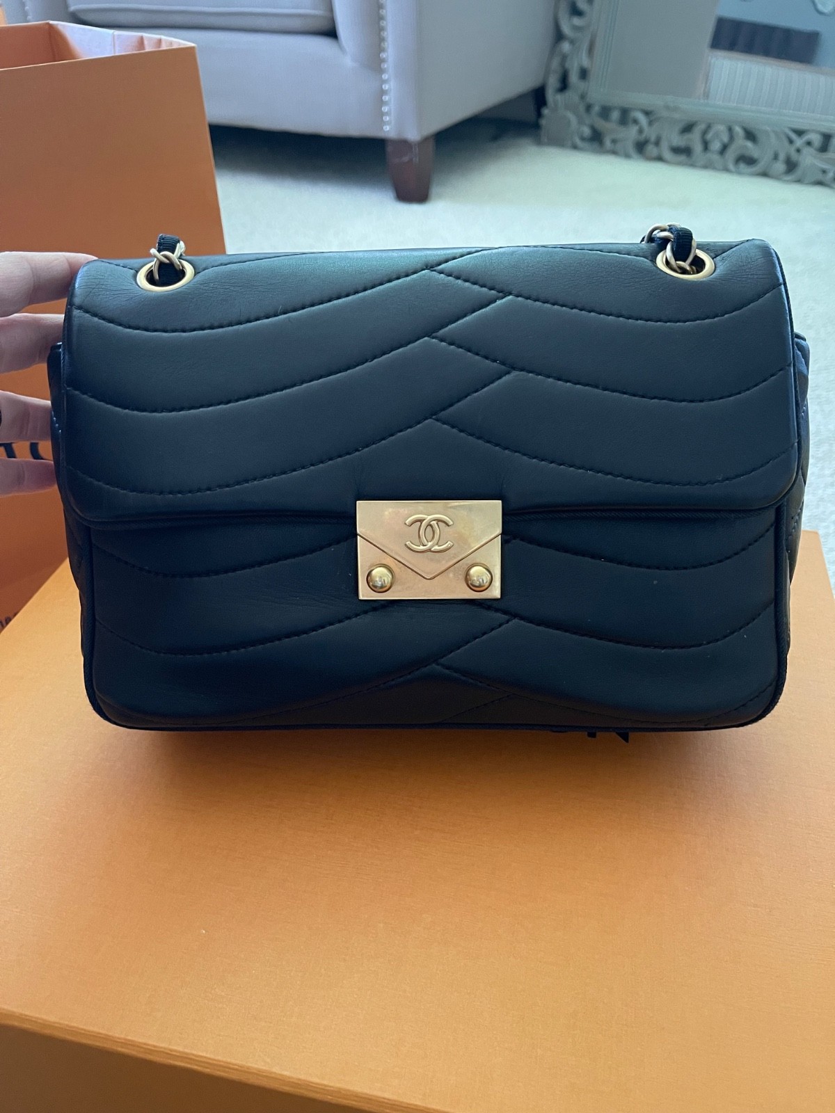 Authentic Chanel Medium Pagoda Flap Bag Black Lambskin Scallop Quilted 2016