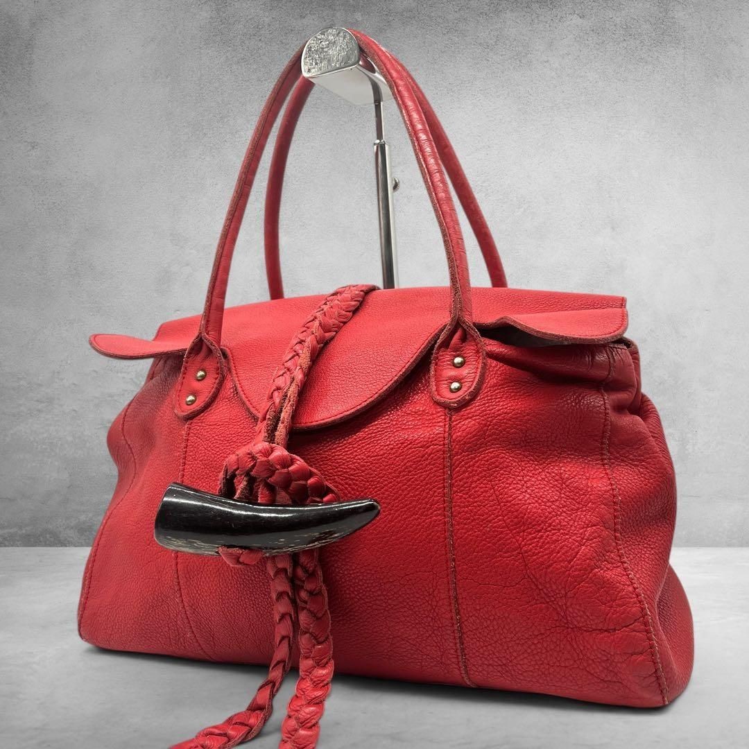 TRES Shoulder Tote Bag Purse Leather Red Horn Toggle Button USED Good Condition