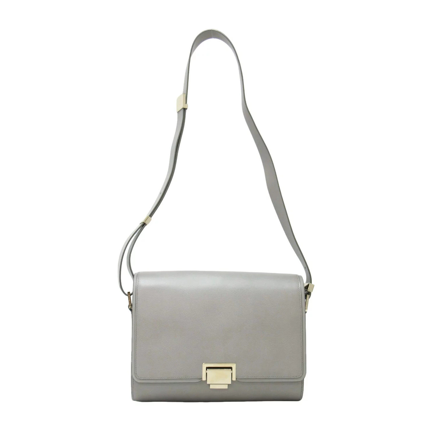 SMYTHSON Gray Leather Square Shoulder Bag with Flap, Embossed VG ship From JAPAN