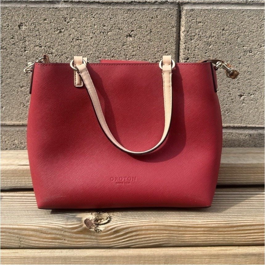 Oroton Red Satchel Adjustable Beige Brown Straps Gold Hardware Magnetic Closure