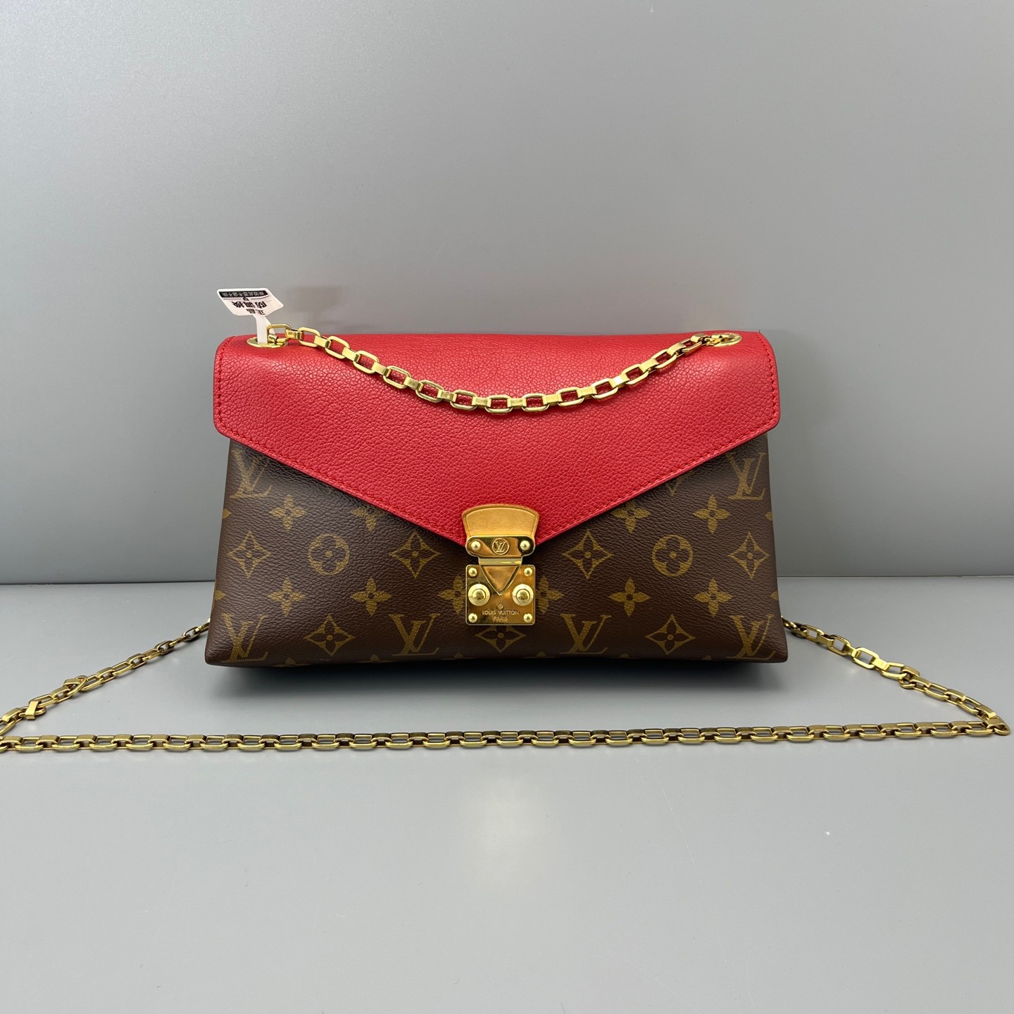AUTH LOUIS VUITTON LV Pallas Chain Bag Monogram Canvas Red Leather.