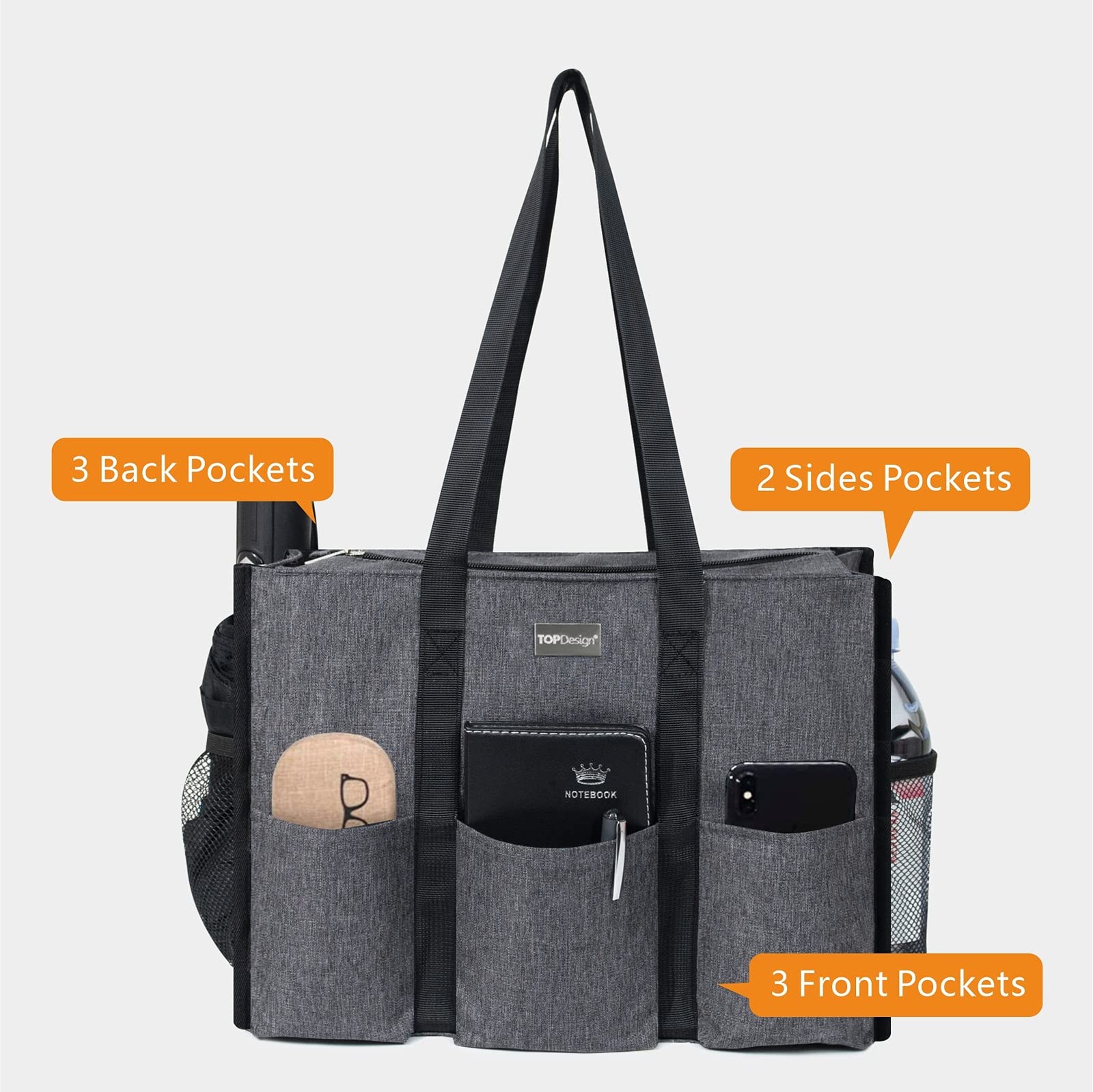 Utility Water Resistant Tote Bag with 13 Exterior & Interior Pockets, Top Zip…