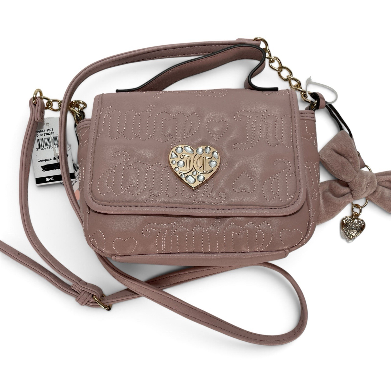 New Juicy Couture Lovely Girl Blush Pink Flap Crossbody Bow Heart Bag Charm Gold