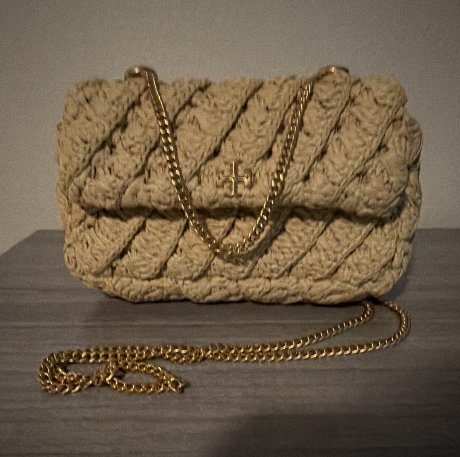 Tory Burch Beige Small Woven Bohemian Clutch, Gold Chain Crossbody Strap