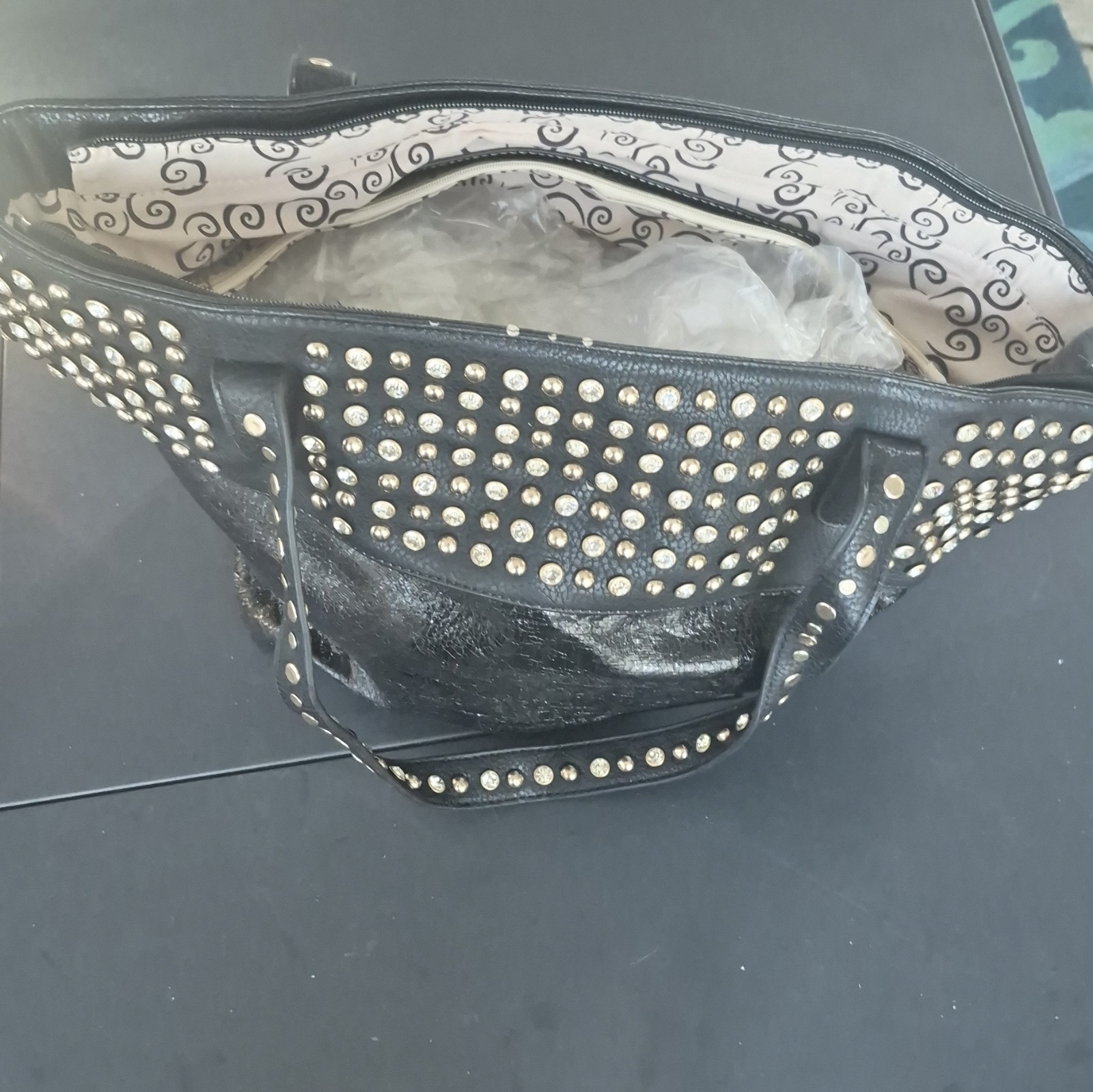 Black Studded Tote Bag Zip Top Inner Pockets Double Handles Gold Hardware