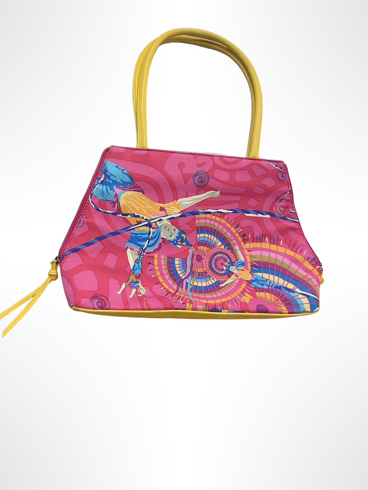 Pineda Covalin Mexico Pink Silk Graphic Art Print Handbag Yellow Leather Trim