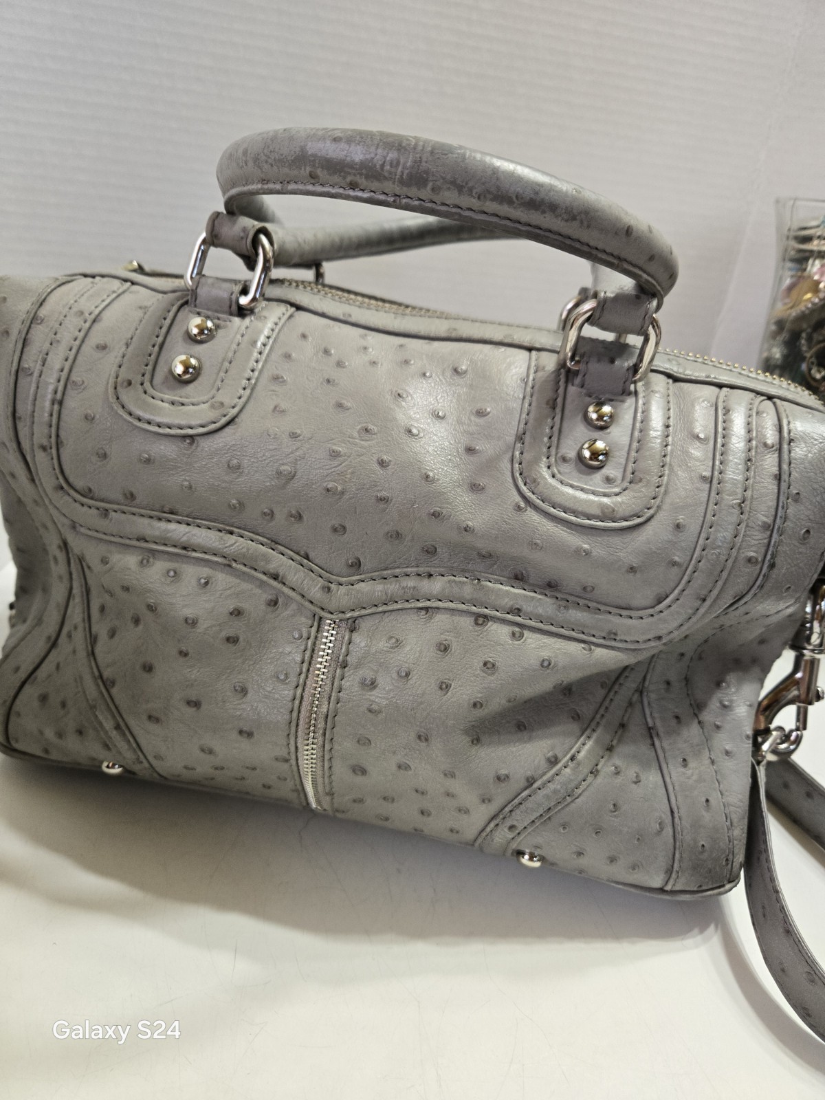 REBECCA MINKOFF Leather Ostrich Embossed Grey Handbag With Shoulder Strap