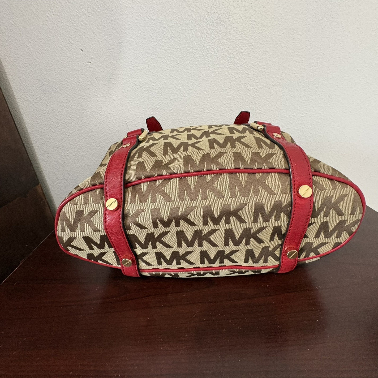VINTAGE MICHAEL KORS Beige/Red Canvas Brookville tote handbag(OBO)