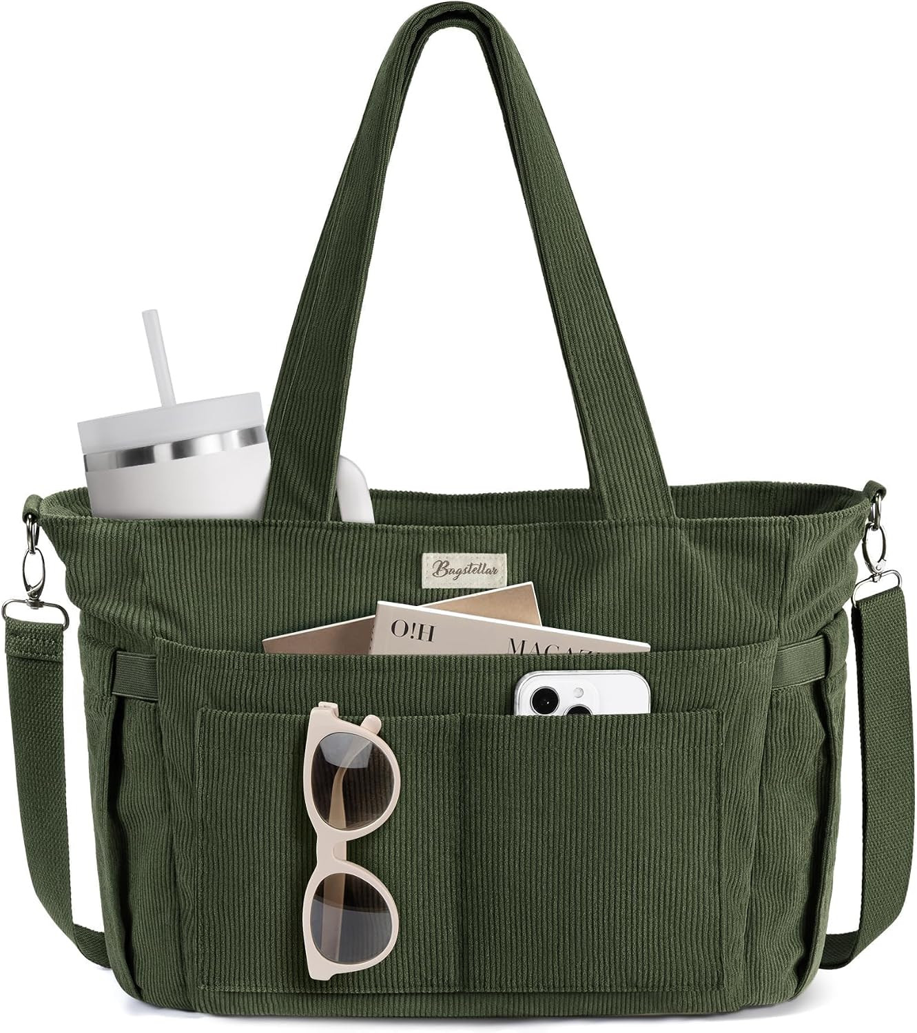 Lightweight Corduroy Tote Bag with 17 Pockets and 40oz Cup Holder
