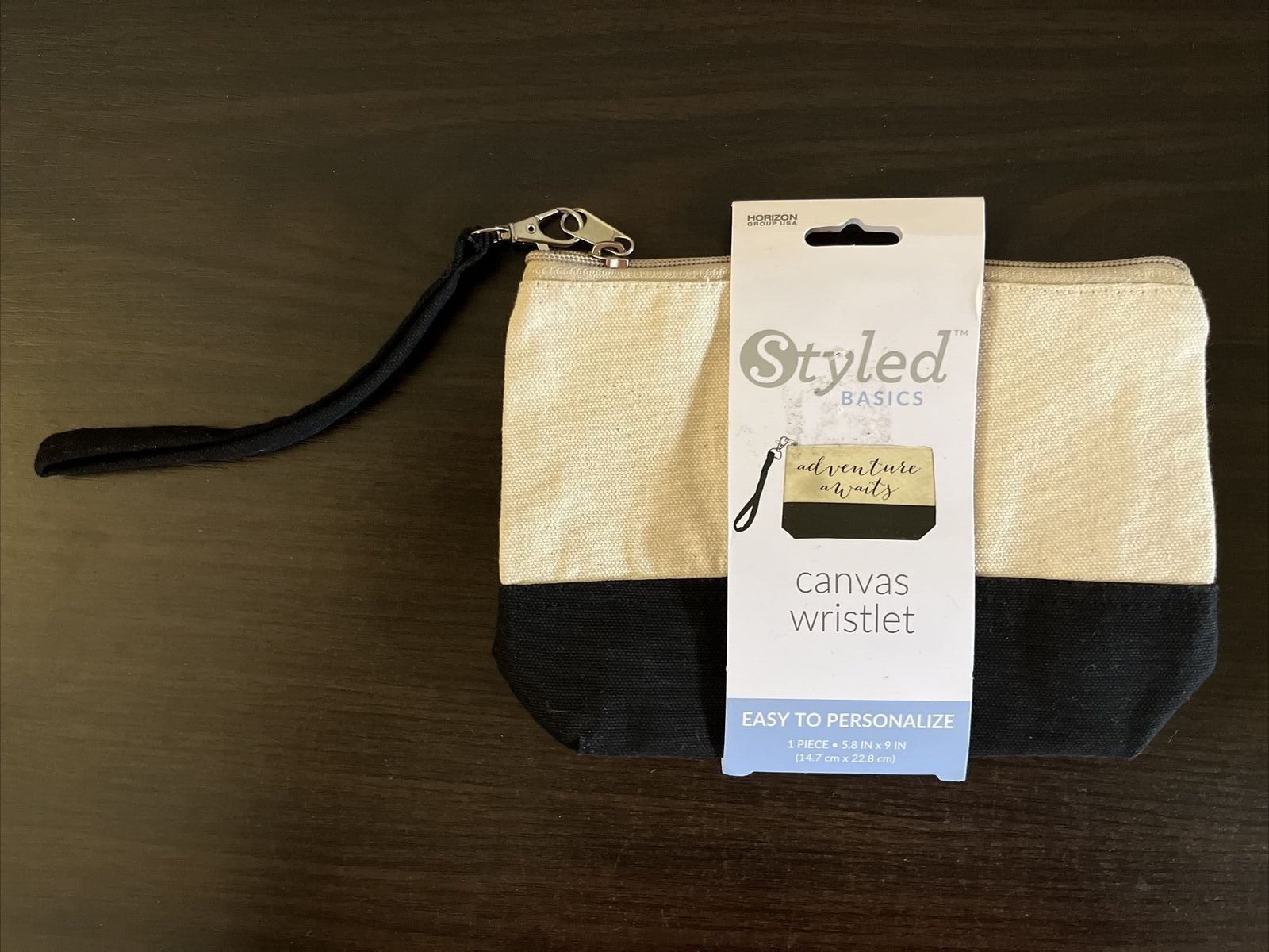 NWT Styled Basics Canvas Wristlet Beige Black Purse 5.8″ x 9″ (14.7cm X 22.8cm)