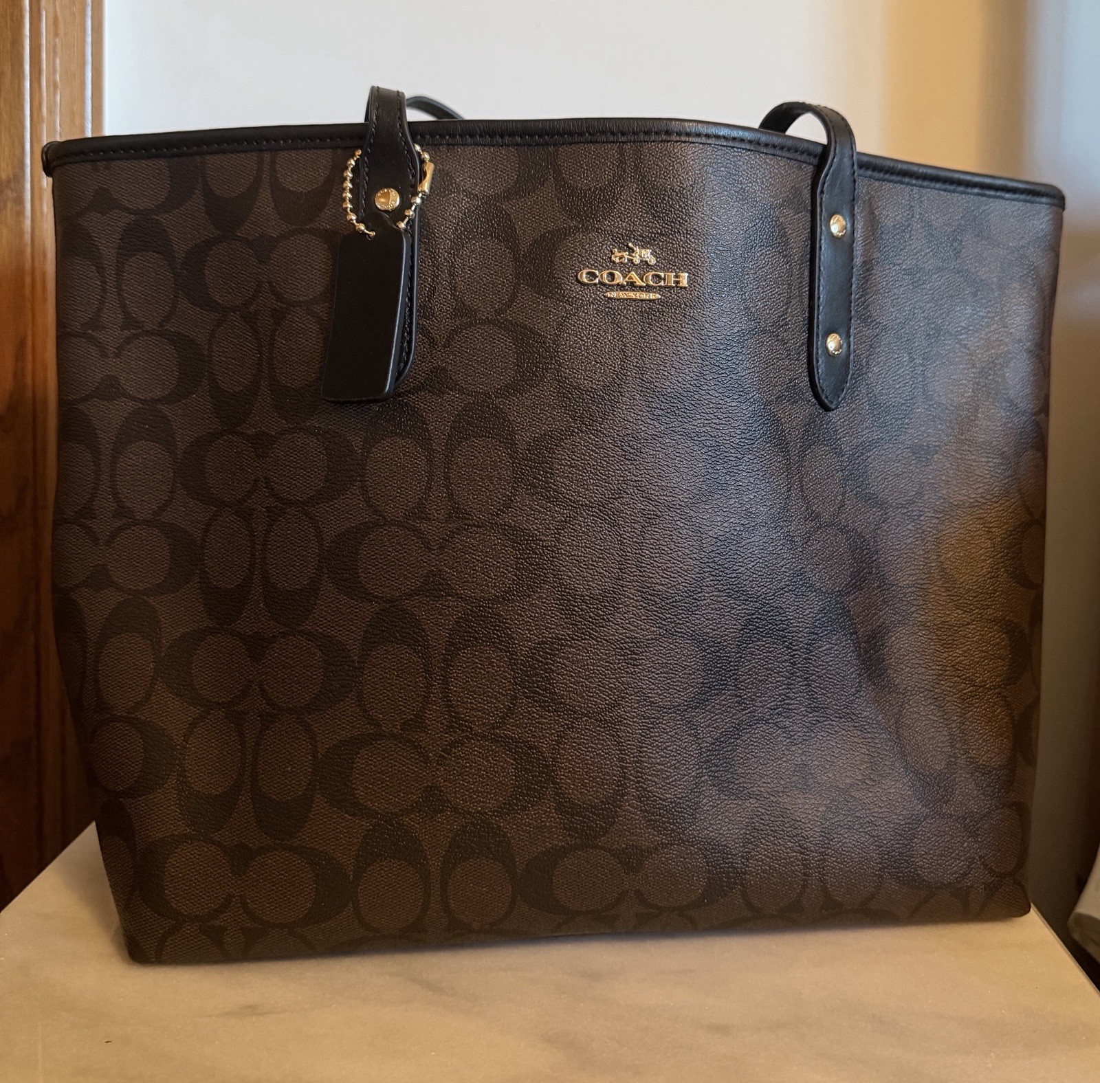 Coach Signature Brown Tote Handbag Black Leather Double Handles