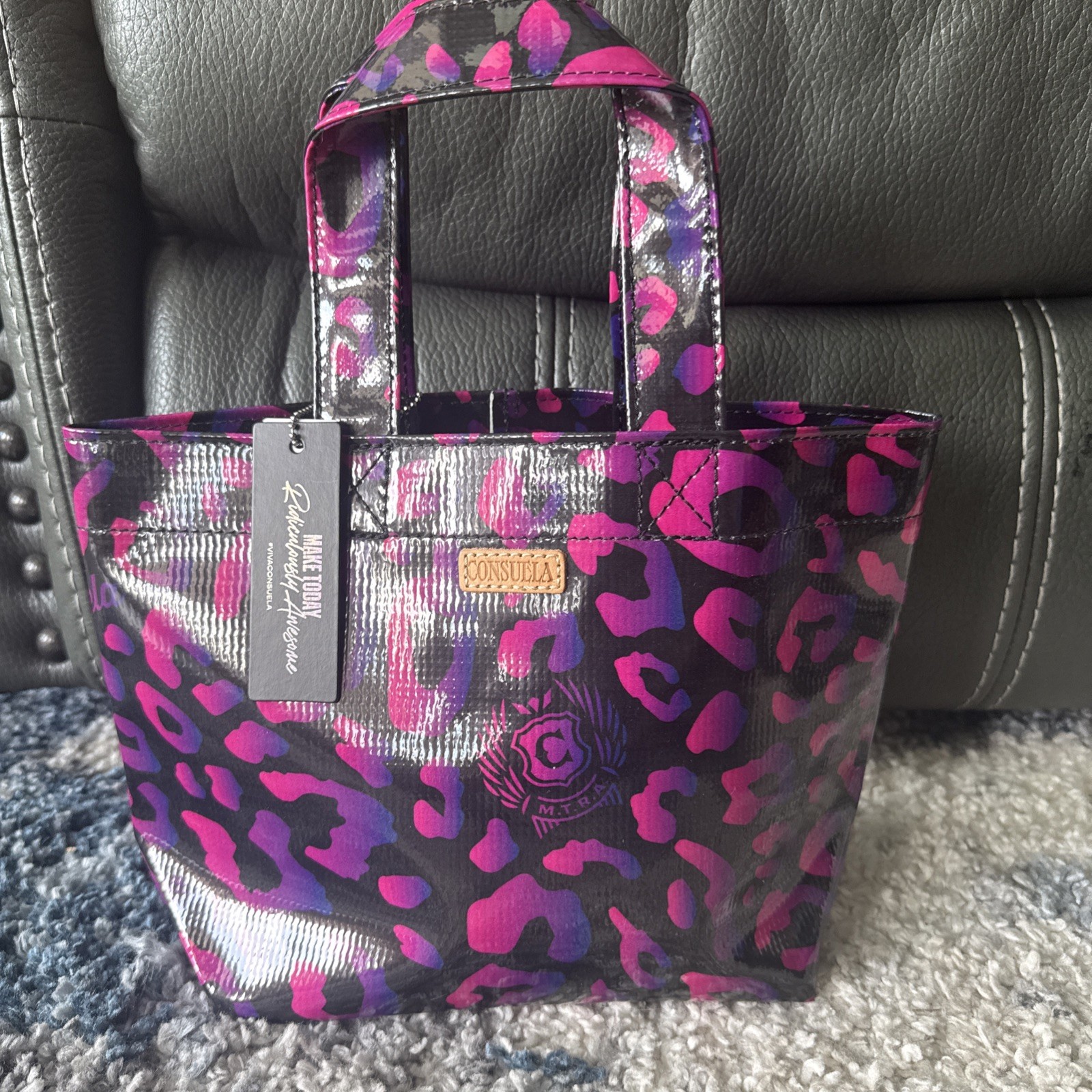 Consuela Grab N Go Mini Bag Pink Leopard Vinyl Double Handle Tote No Closure