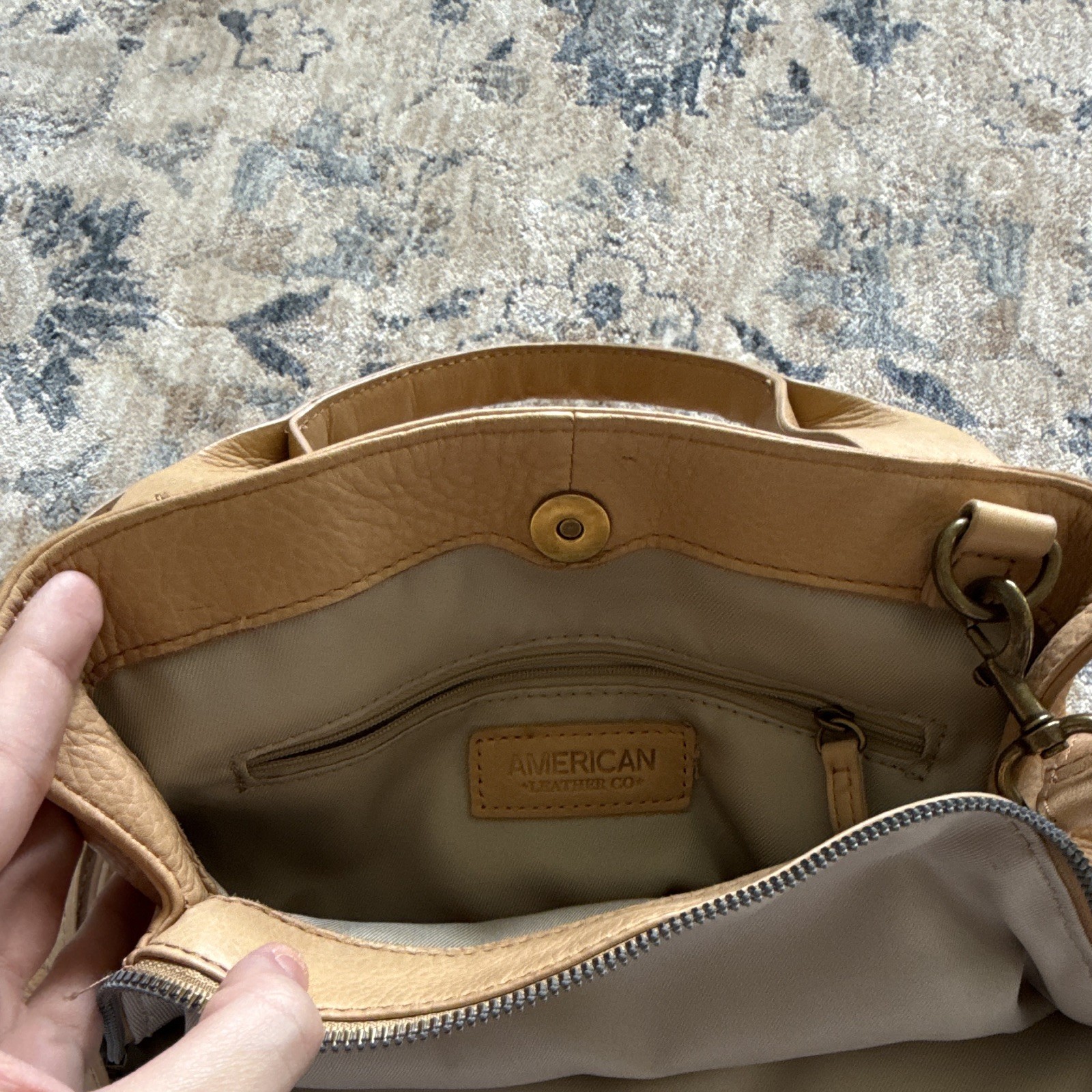 American Leather Co. Tan Pebbled Satchel Top Handle, Detachable Strap Zip Snap