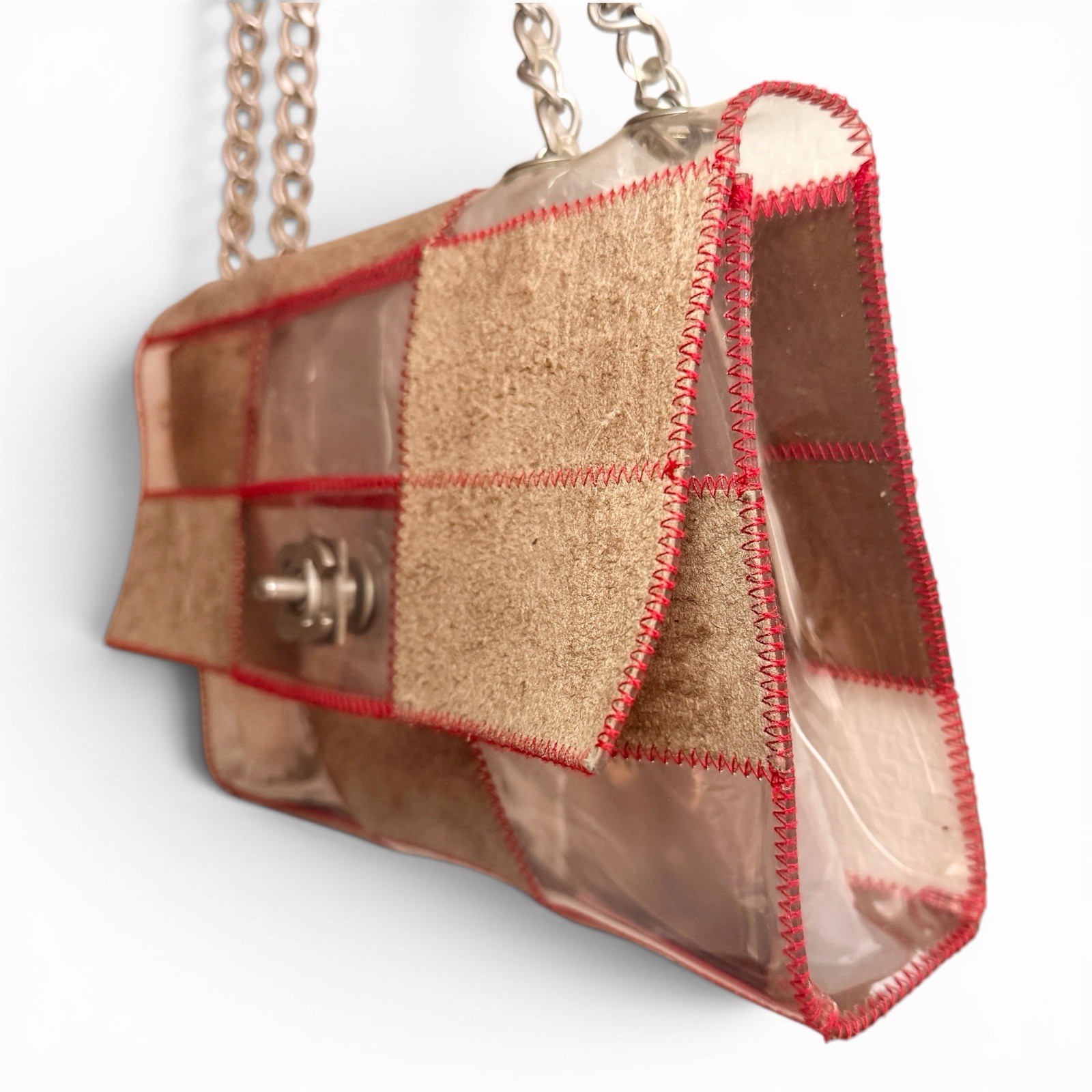 CHANEL Matelasse Patchwork Flap Chain Shoulder Bag PVC Vinyl Suede RED Stitch MC