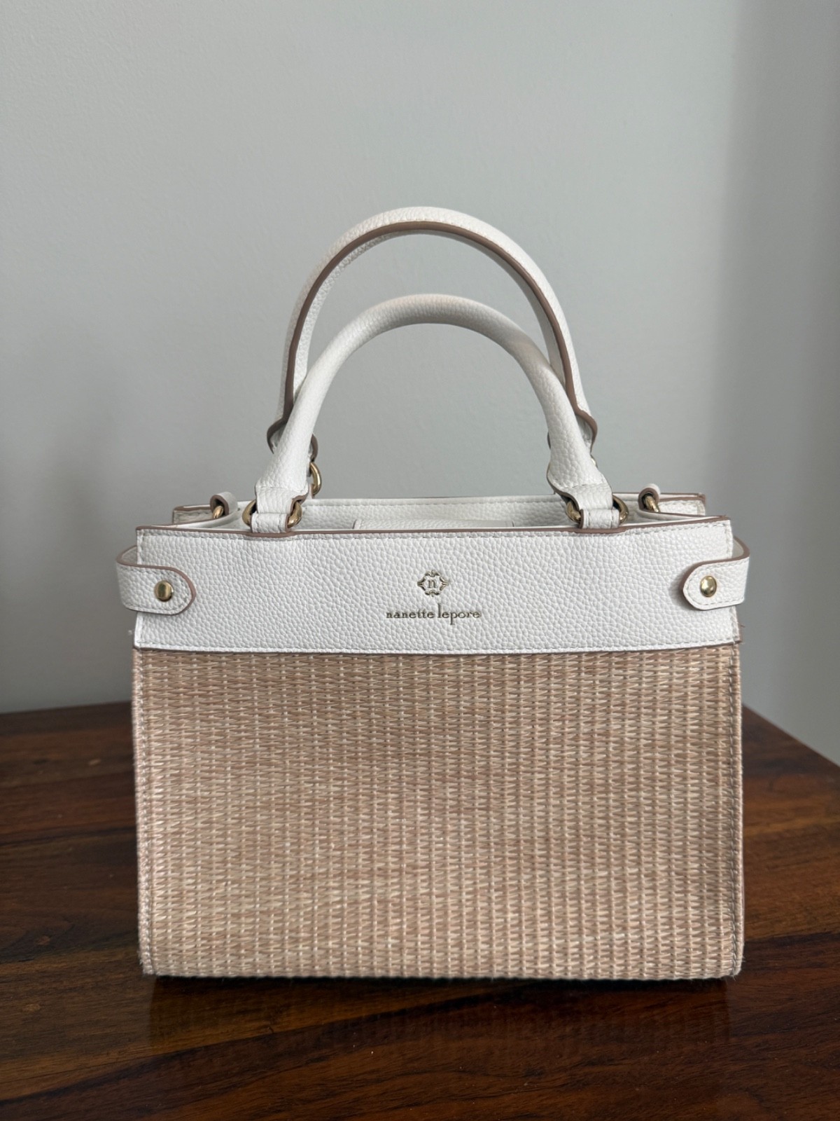Nanette Lepore Woven Straw Satchel Top Handle Crossbody Bag White Gold Resort Su
