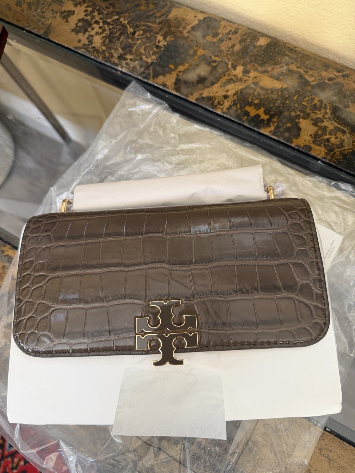 Tory Burch Britten Croc Embossed Convertible Shoulder/Crossbody Bag Brown