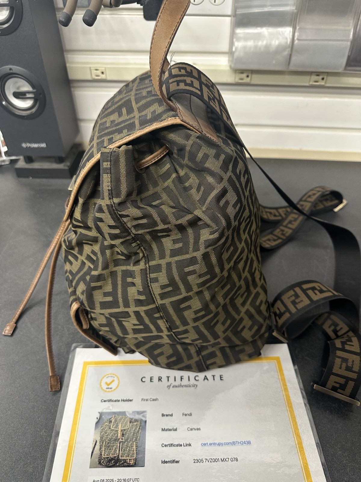 Fendi FF Monogram Backpack Brown/Black Buckle Closure Adjustable Strap Gold