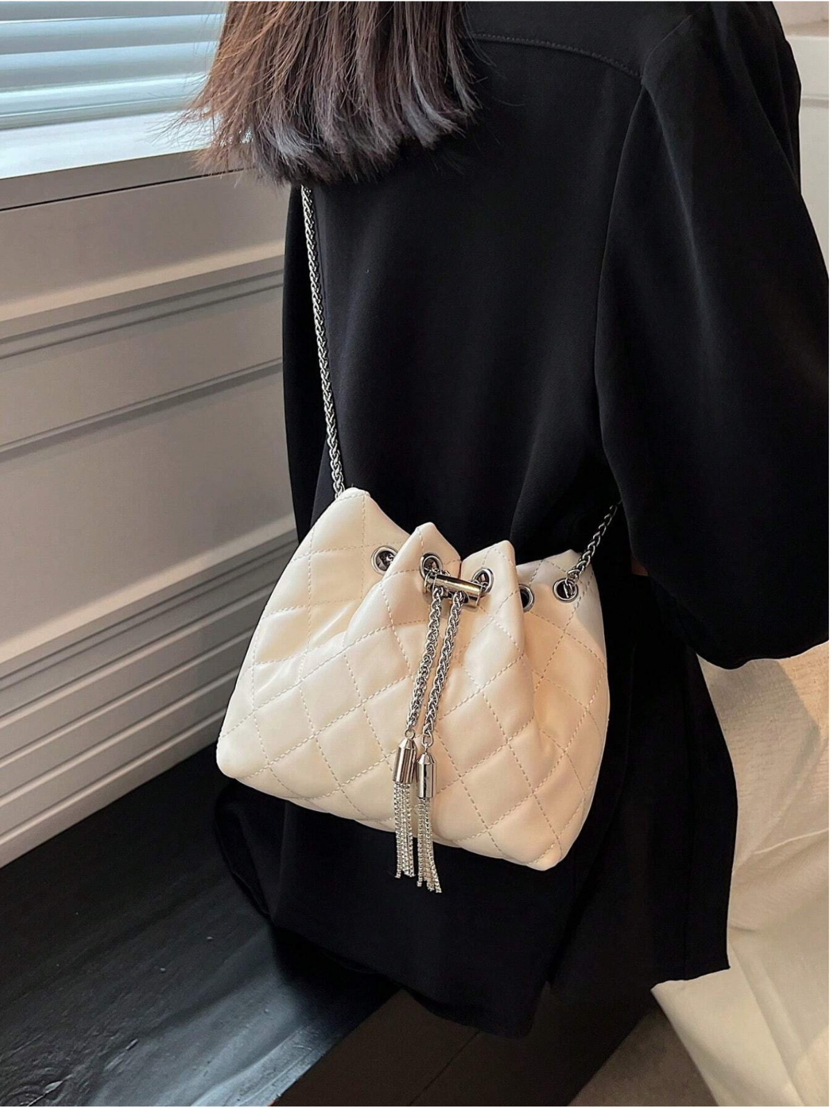 Apricot Mini Quilted Metal Tassel Decor Chain Bucket Bag