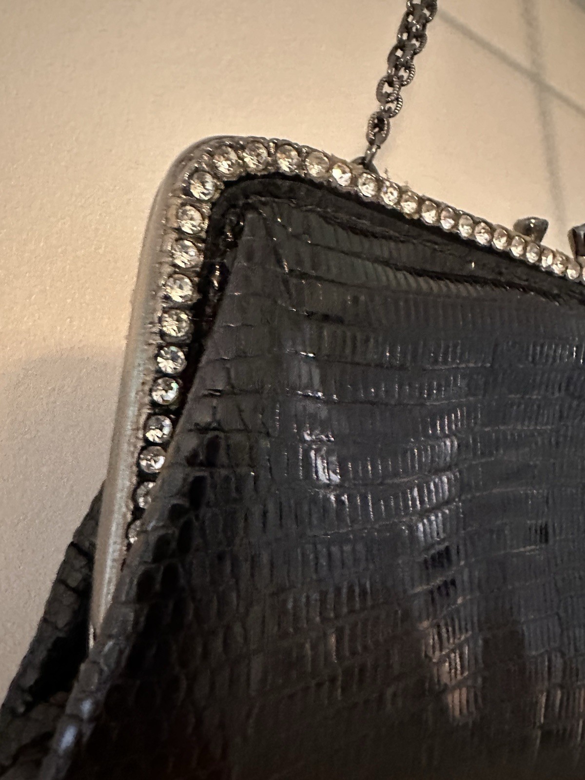 Vintage Clara Kasavina Crystal Embellished Clutch Chain Strap Blk Exotic Leather