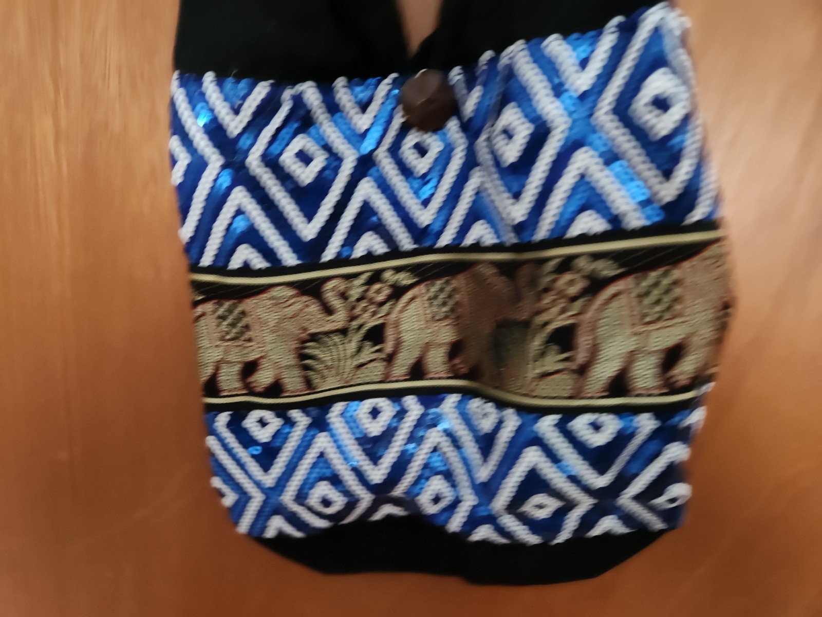 Blue White Geometric Women’s Shoulder Bag Black Shoulder Strap Button Closure