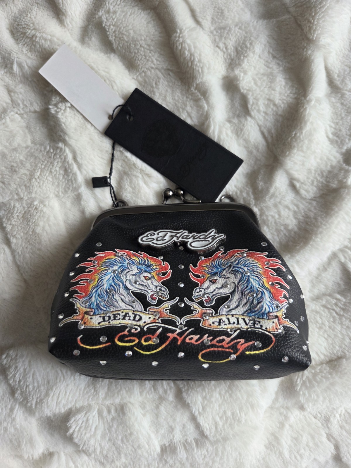 Ed Hardy Black Coin Faux Leather Bag Kisslock Pouch Chain Strap Dead Or Alive