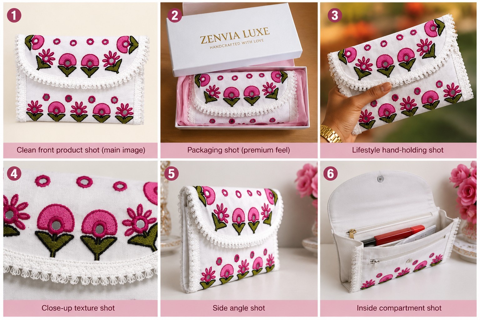 Handmade White Embroidered Clutch Bag Pink Floral Lace Evening Purse