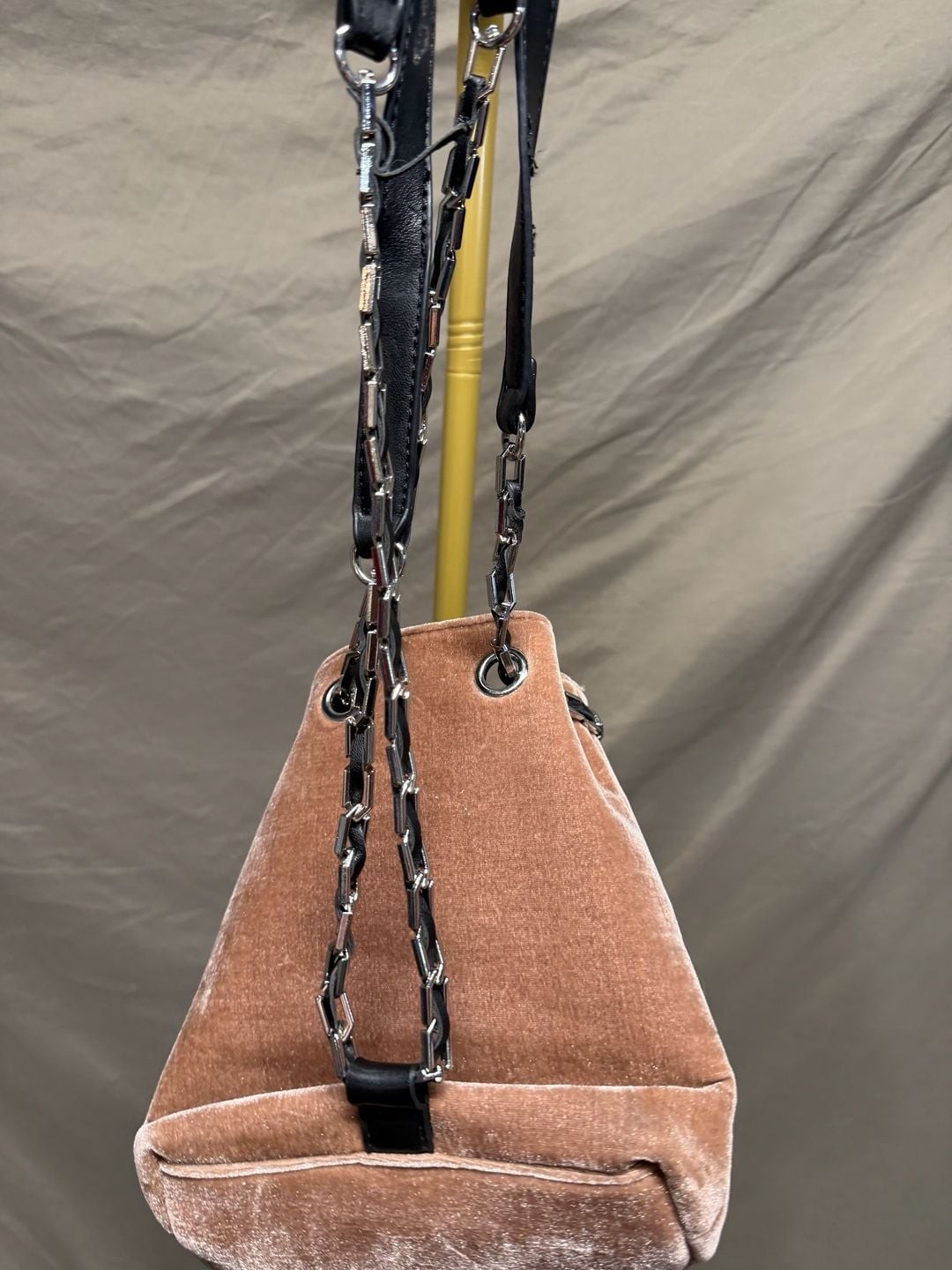 Free People Quilted Velvet Mini Backpack in Blush/Mauve with Chain Detail