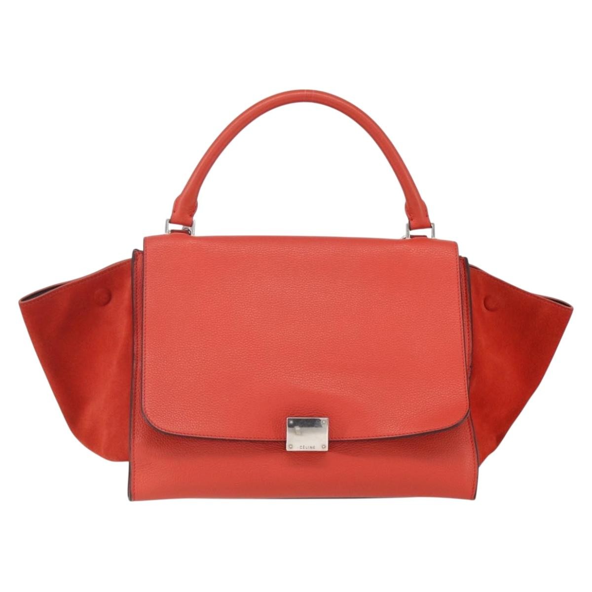 CELINE Trapeze Hand Bag Leather 2way Red Silver Auth 157228