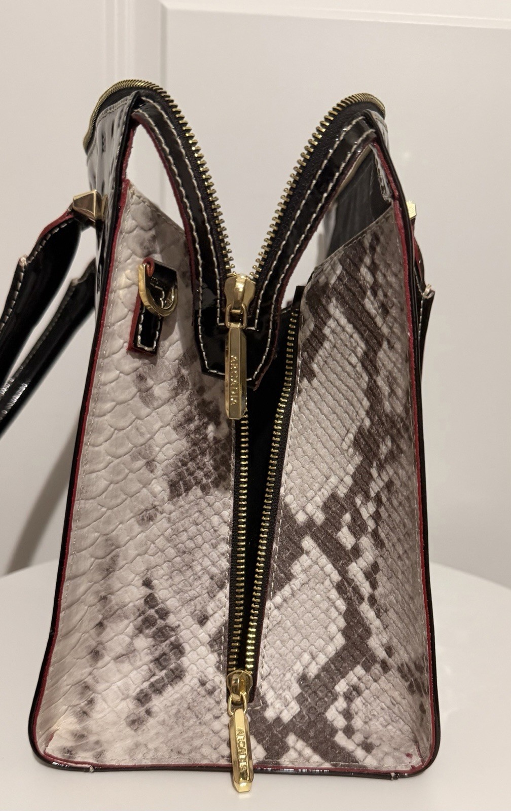 Arcadia Black Patent Leather Snake Embossed Sides Bag, No Shoulder Strap