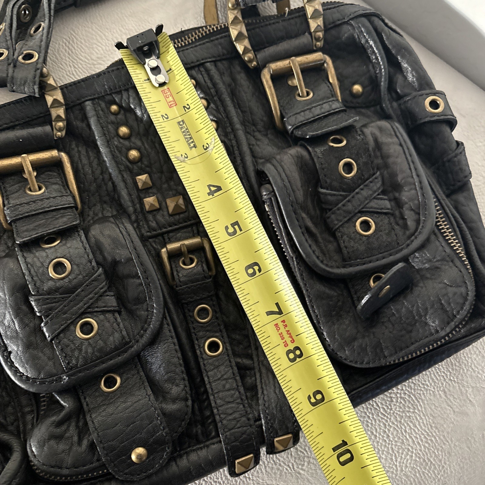 Betsey Johnson Black Studded Buckle Accent Zip Satchel Handbag Women Vtg