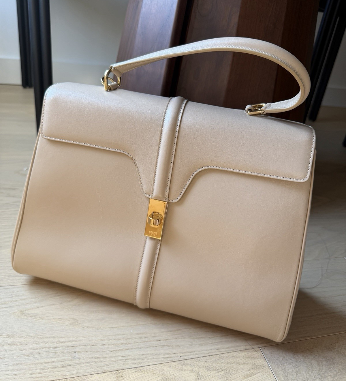 CELINE Medium Classique 16 Bag Beige Satinated Calfskin Gold Hardware New