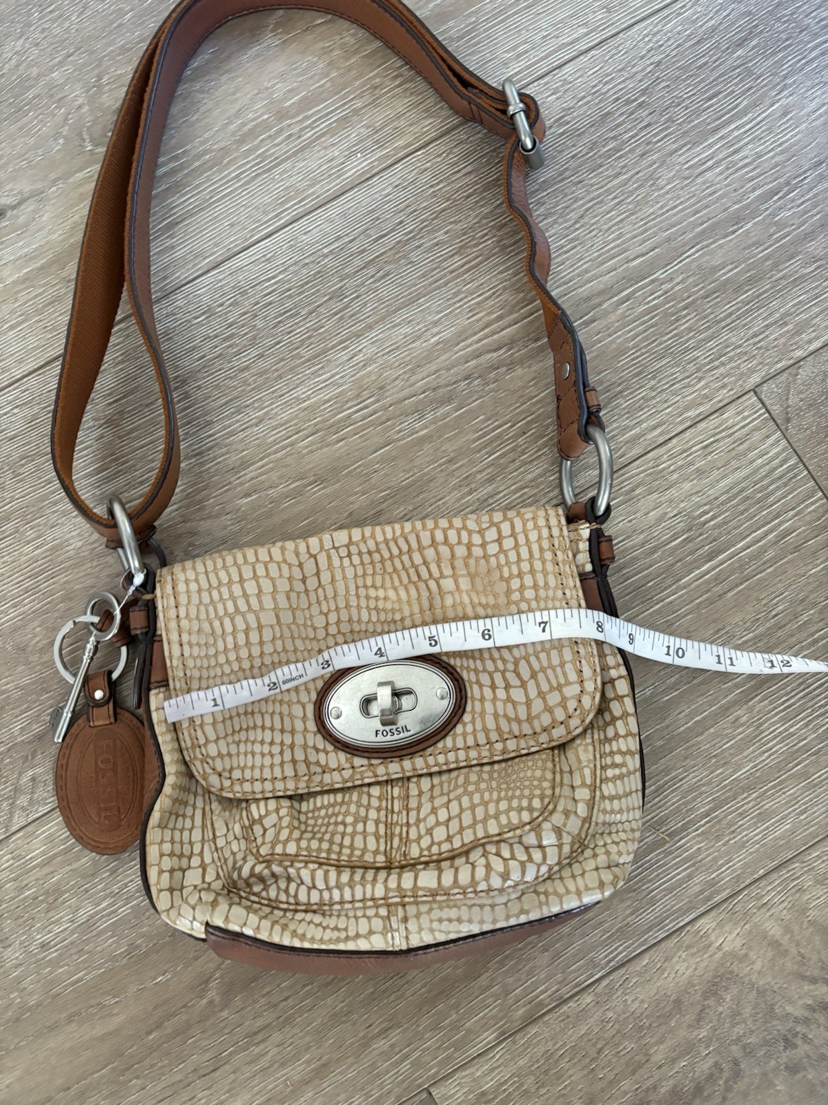 Fossil Beige Animal Print Shoulder Bag with Turn Lock, Key Charm & Brown Strap